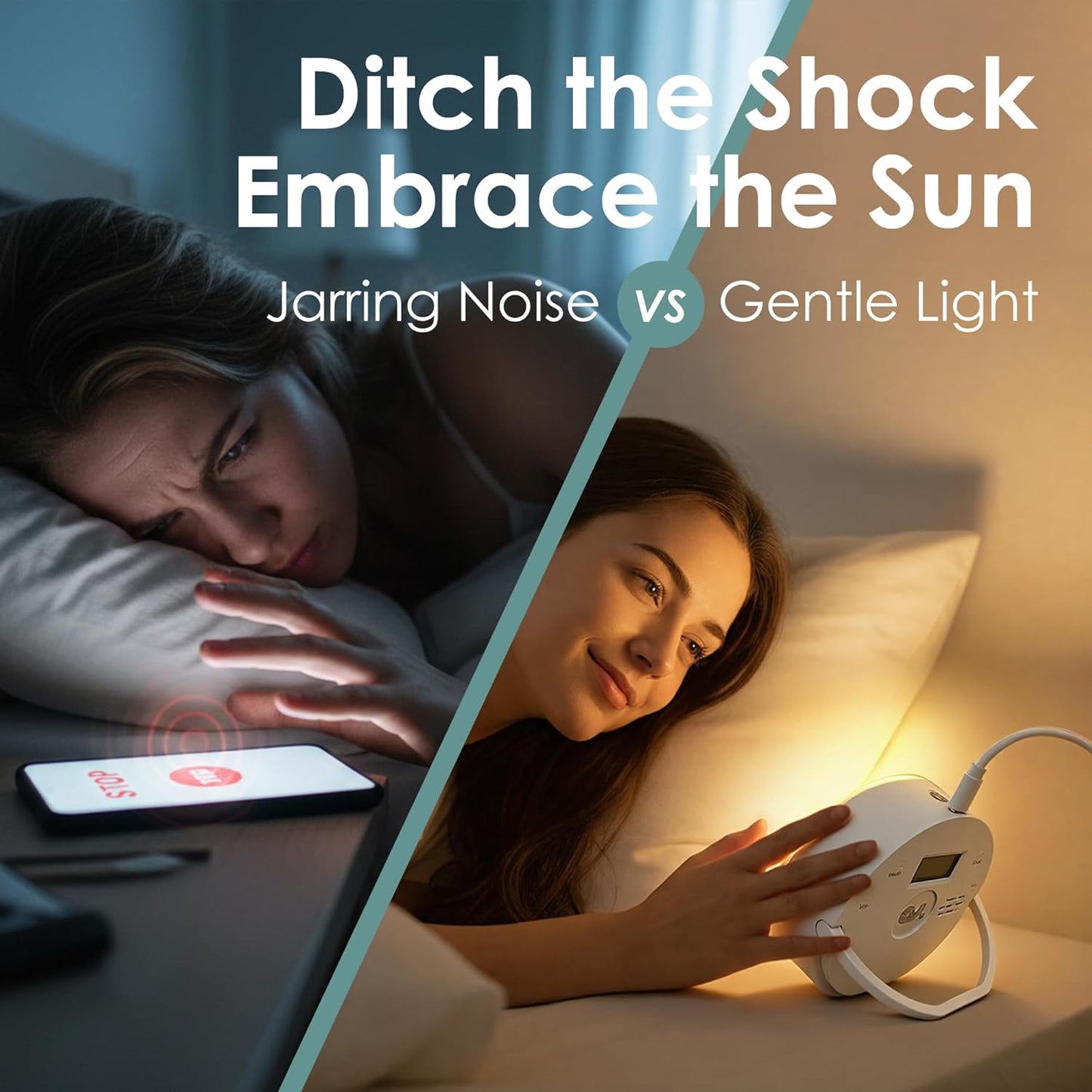 Clipable Sunrise Alarm Clock for Heavy Sleepers, Adjustable Sunlight Wake-Up Light with Music & White Noise, Gentle Gradual Brightening Lamp for Kids & Adults, for Bedroom, Travel or Dorm