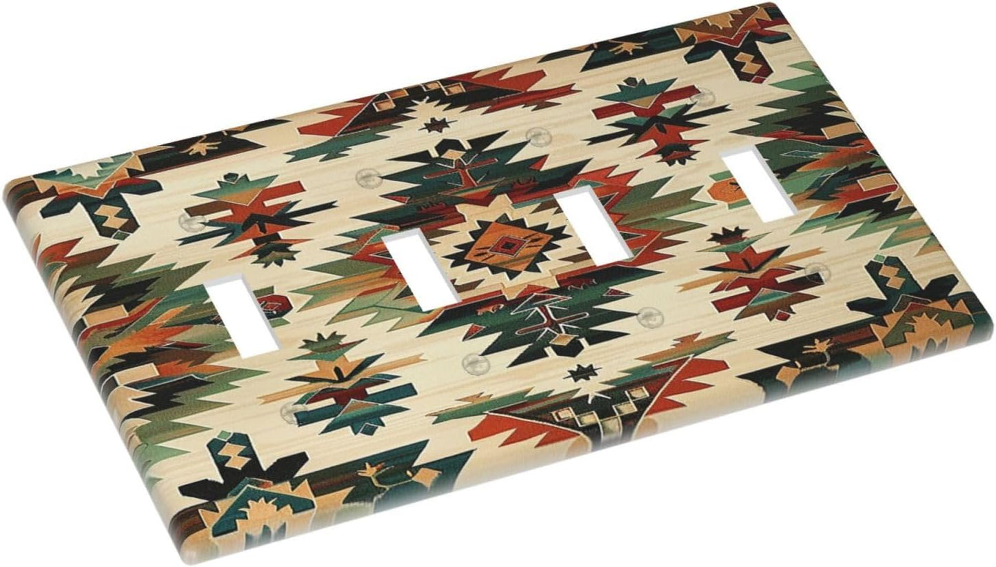 Light Switch Covers Southwest Rustic American Indian Aztec Boho Quad Toggle Electrical Faceplate 4 Gang Wall Plate Decorative Switch Plates for Bed Room living Room Decor