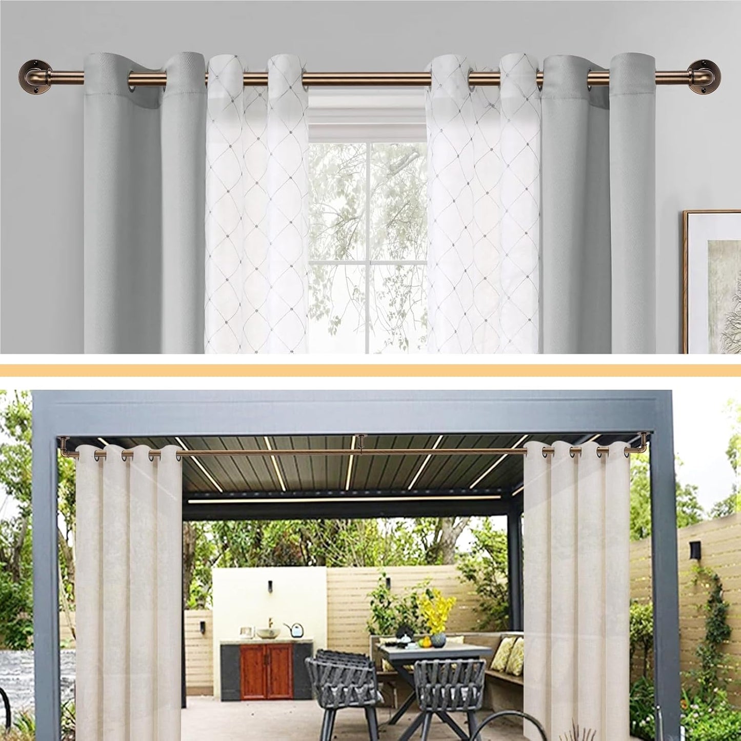 Industrial Curtain Rods 18 to 120 in,Blackout Curtain Rod,Adjustable Length,1 in Diameter Pipe,Wall or Ceiling Mounted,for Bedroom and Living Room (Antique Brass18” to 120”)