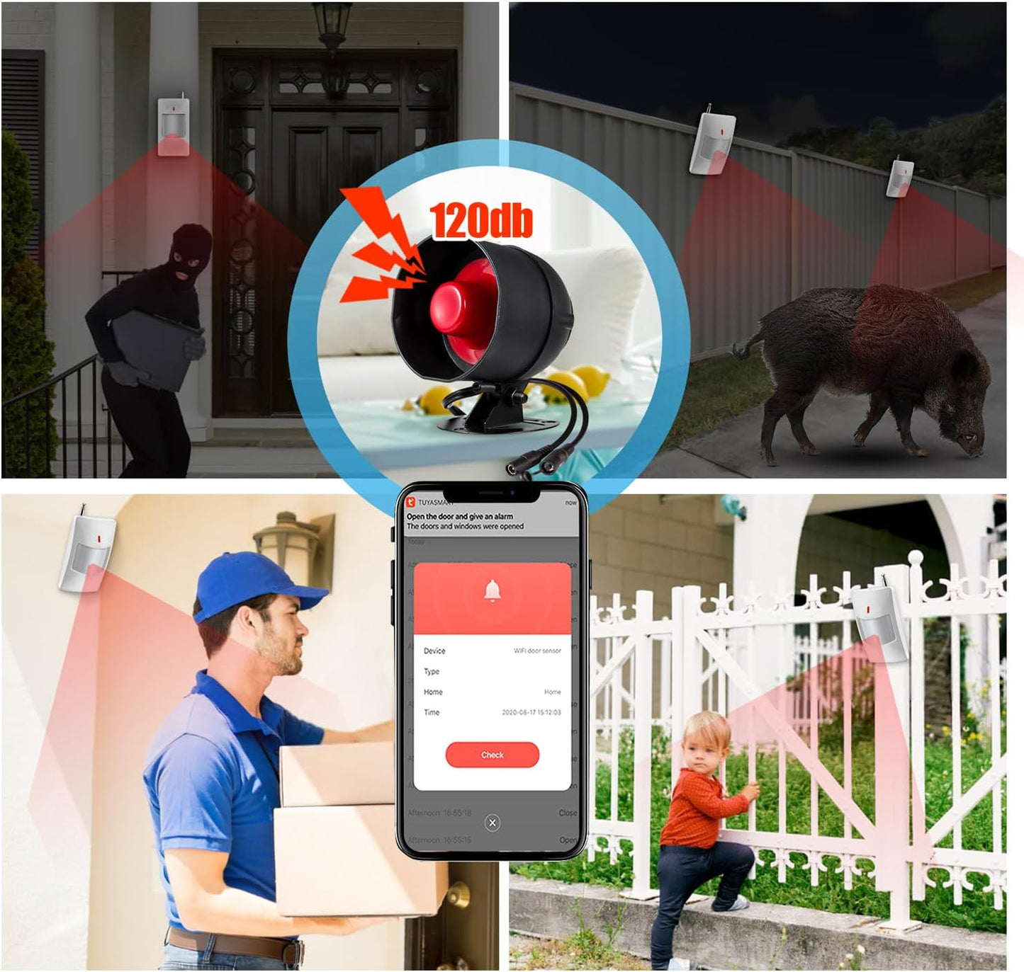 WiFi Alarm Security System, 120dB Wireless Alarm System for Home Security with Free Notification APP Control and Motion Sensor Siren, Remote Control for Shed Garage