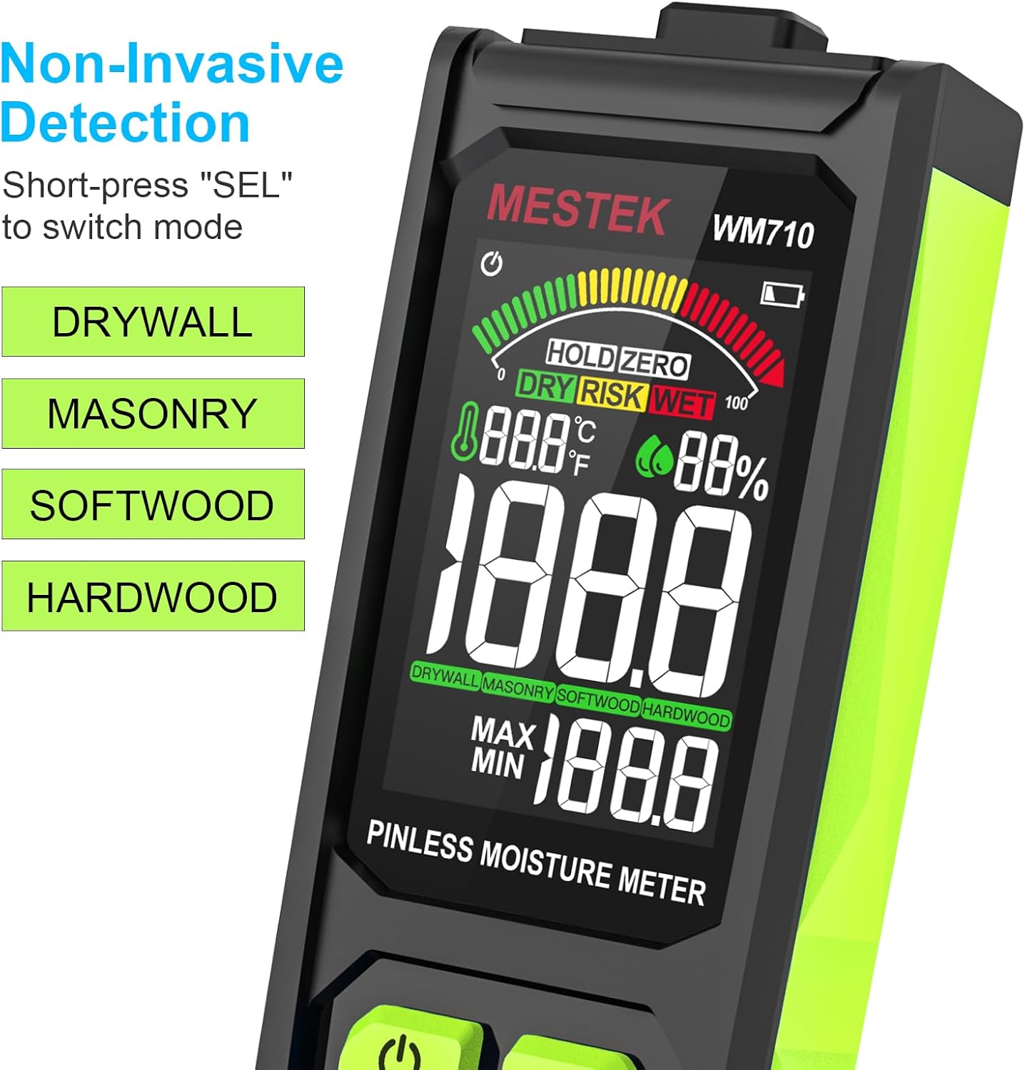 MESTEK Pinless Wood Moisture Meter - Digital Moisture Detector for Lumber Drywall Firewood Masonry Woodworking Plaster Floor Concrete Building, Moisture Reader and Tester with LCD Display & Audible