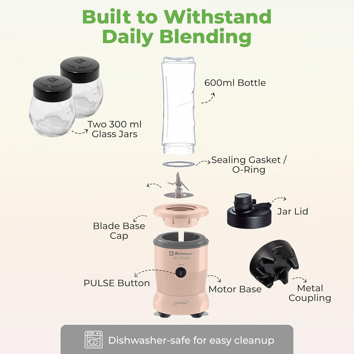 Koblenz Mix&Shake Blender, 20 oz Portable Blender, 600W Motor, Pulse, ON/OFF, Stainless Steel Blades, Shakes, Sauces, Smoothie Maker, (1) 20 oz To-Go Bottle, (2) 10 oz Glass Jars, Pink, MSKM-600 2PS