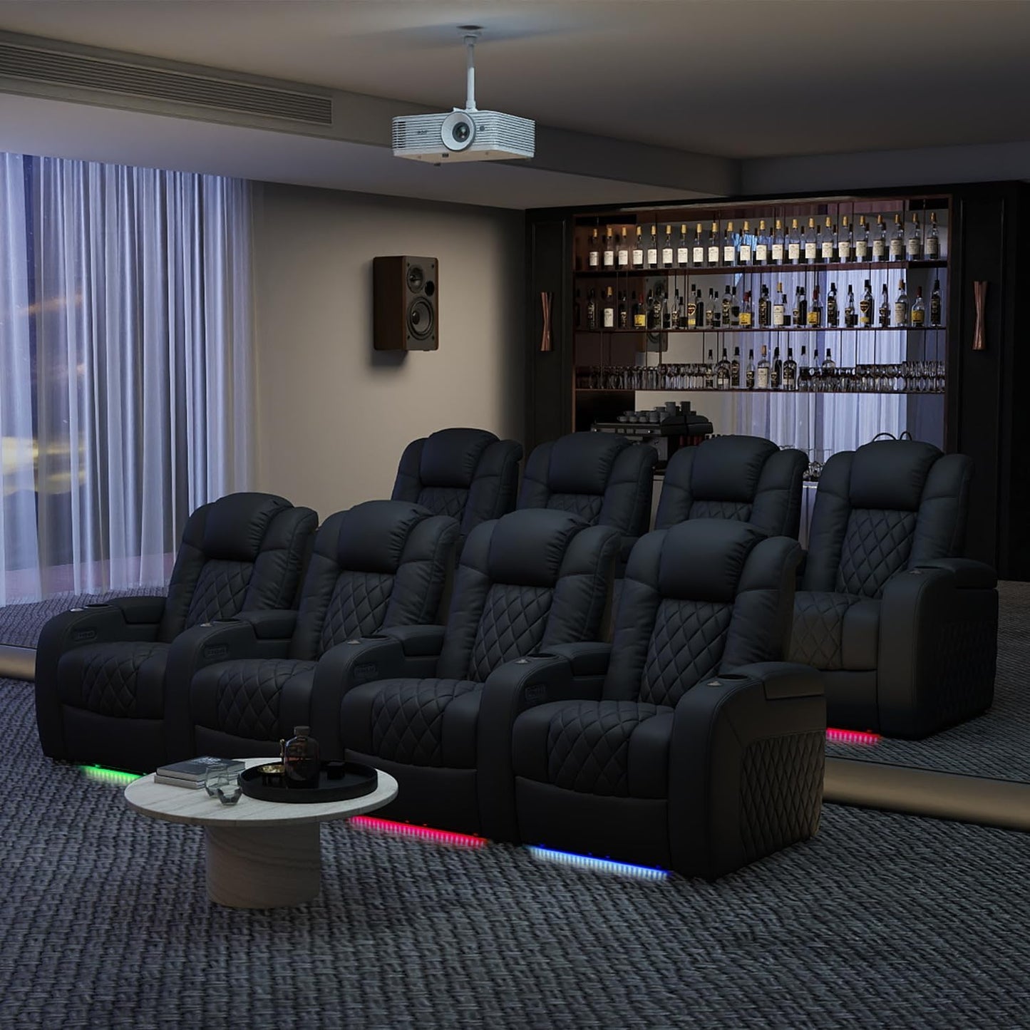 Weilianda Home Theater Seating Top Grain Leather Zero Gravity Recliner Chair Power Headrest Recline Movie Seat Gaming 7 Colors Mood Light Sofa with Tray Table USB Charge Row of 4 Loveseat Middle Black