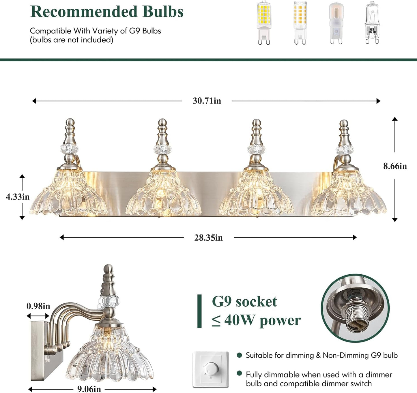 Vintage Bathroom Vanity Light, 4-Light Brushed Nickel Vanity Lighting Fixture with Flower Glass Shade, Bathroom Lighting Fixtures Over Mirror