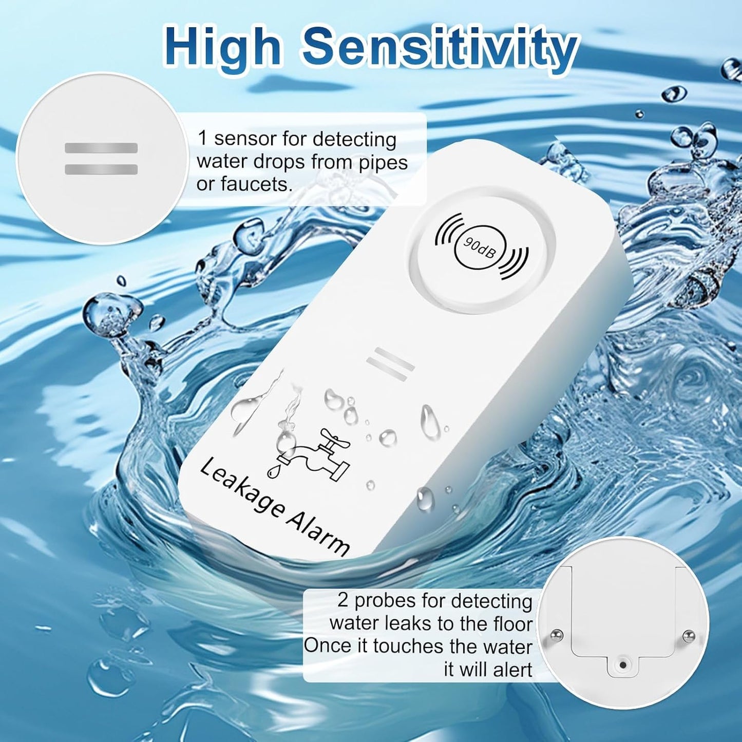 90dB Loud Wireless Water Leak Detector, 7Pack Adjustable Audio Alarm with 3 Sensitive Probes for Kitchen Bathroom Basement, Floor & Pipe Drip Alert, Easy Installation (White)