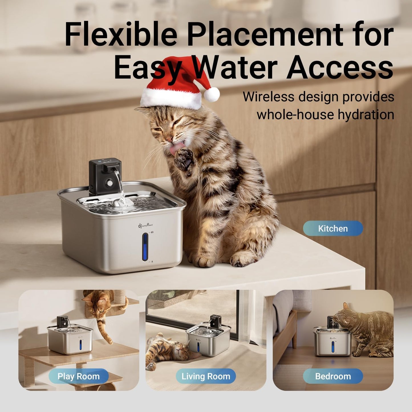 DownyPaws Cat Water Fountain Stainless Steel Wireless, 101 oz/3L FurSink Cordless Water Fountain for Cats, Battery Operated Cat Fountains for Drinking with Motion Sensor, Easy Clean, Metal & 6 Filters