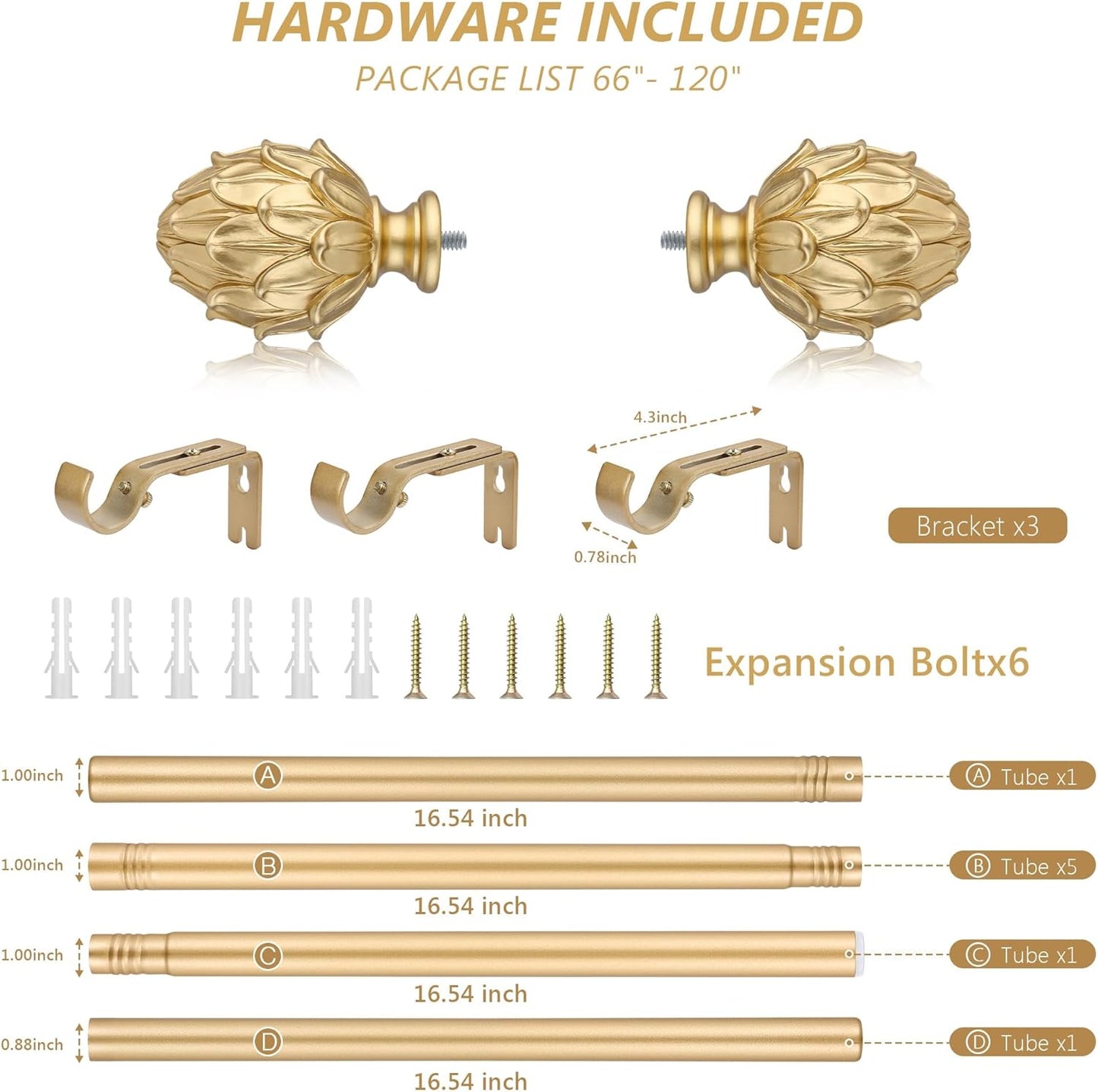 Curtain Rods for Windows 66 to 120 Inches 1 Inch Diameter Adjustable Drapery Rod Decorative Single Window Curtain Rods with Classic Finials, Gold
