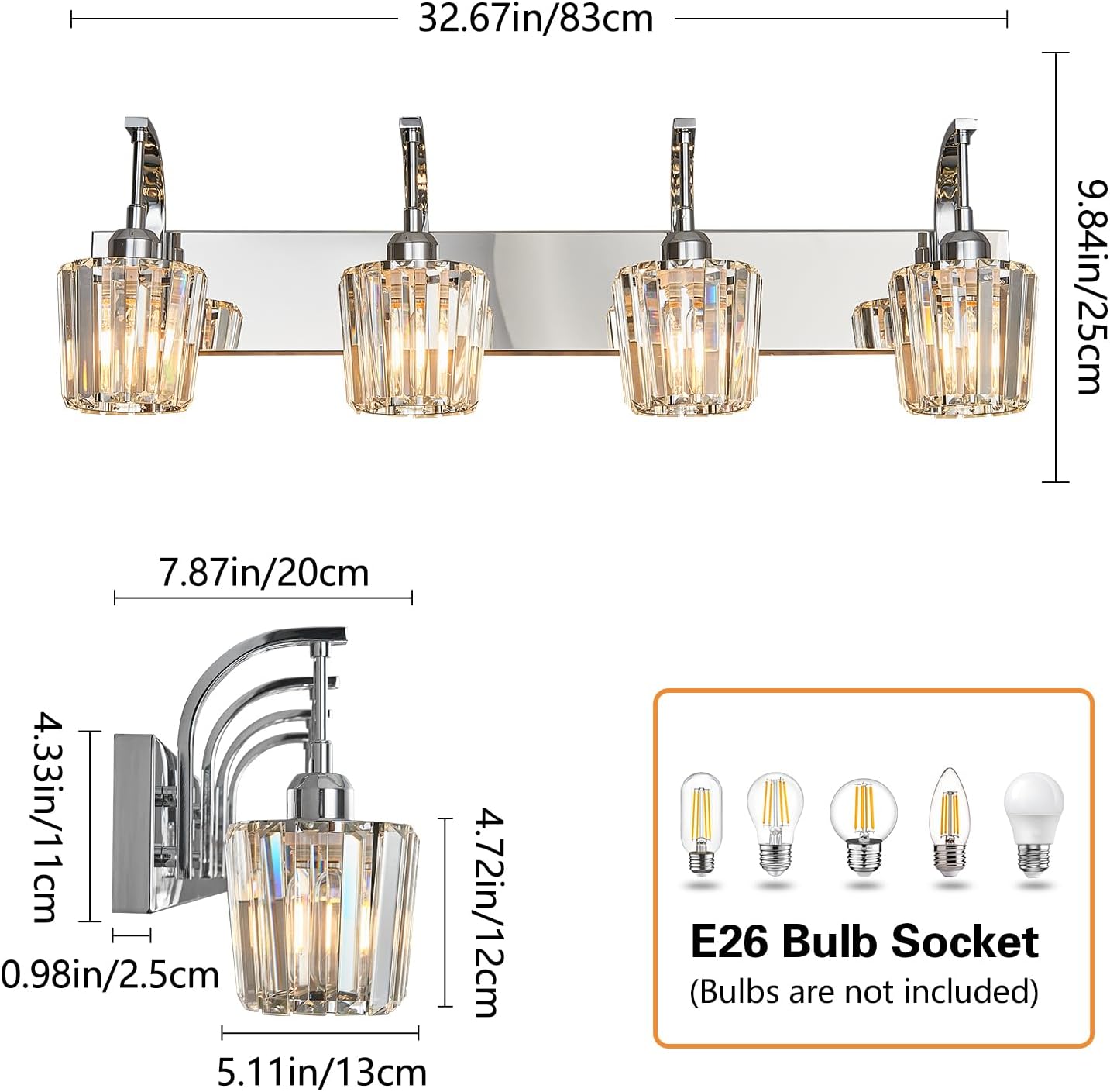 Modern Bathroom Vanity Light, 4-Light Chrome Wall Sconce with Crystal Accents, Over Mirror Bathroom Lighting Fixture, 32.67" Long Dimmable Vanity Lamp for Makeup, Easy Installation
