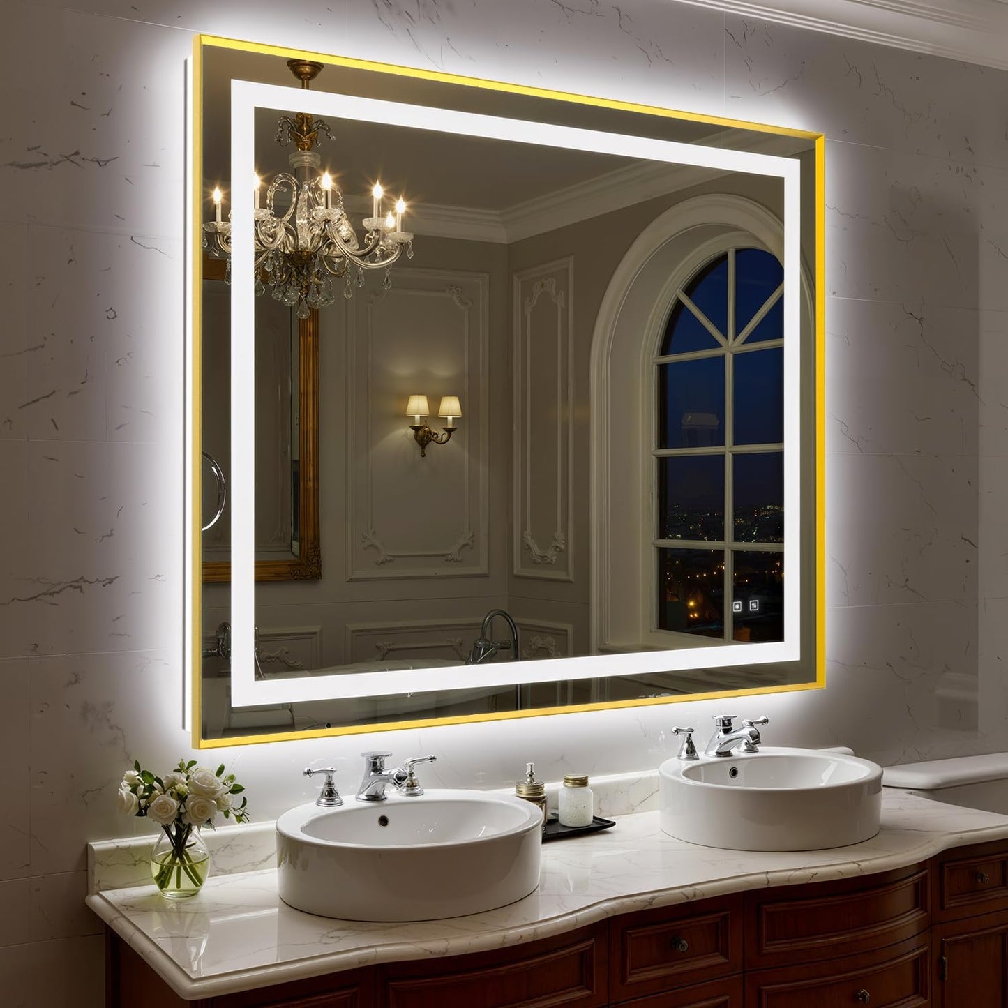 48X40 Inch LED Bathroom Mirror with Lights, Gold Frame Frontlit+ Backlit Bathroom Vanity Mirror for Wall, Ultra-Clear Tempered Glass, Shatter-Proof, Anti-Fog and Memory Function, ETL Listed