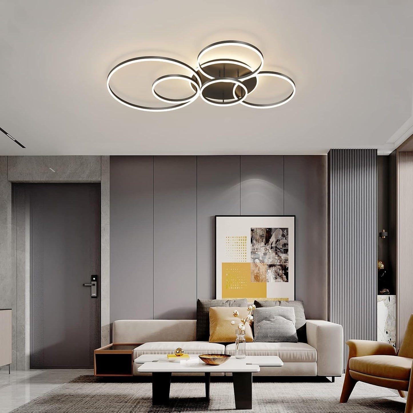 Modern LED Ceiling Light 106W Dimmable Acrylic Ceiling Lamp with Remote Control 6 Rings Circle Living Room Light Fixtures Ceiling Black Ceiling Chandelier Lighting for Bedroom Dining Room (5+1B01)
