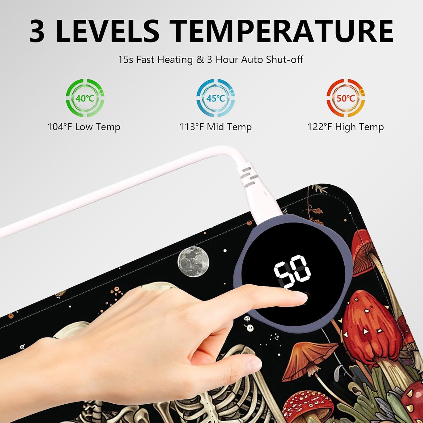 Heated Mouse Pad with 3 Levels Heated & 3 Hours Auto Shut-Off Mouse Pad for Warming Hands in Office Home, 31.5" x 13"Large Safe Desk Mat Hand Warmer，Kiss Skull