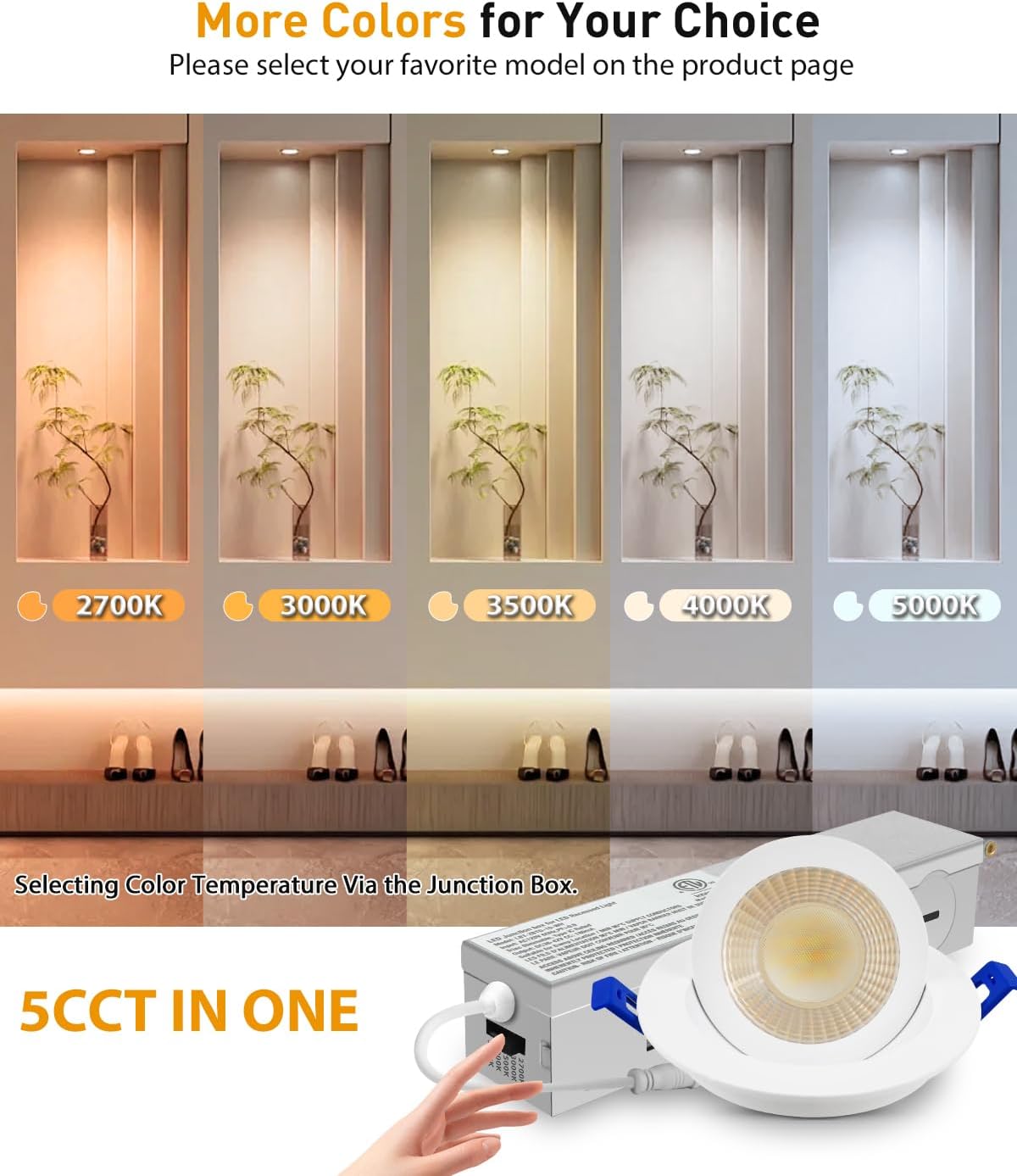 Adetu 2 Inch 5CCT Gimbal Led Recessed Lighting with Junction Box, 360°+90° Adjustable Recessed Can Lights, 2700K/3000K/3500K/4000K/5000K Selectable, 5W Eqv 50W, 550LM Brightness - ETL (White, 1 Pack)