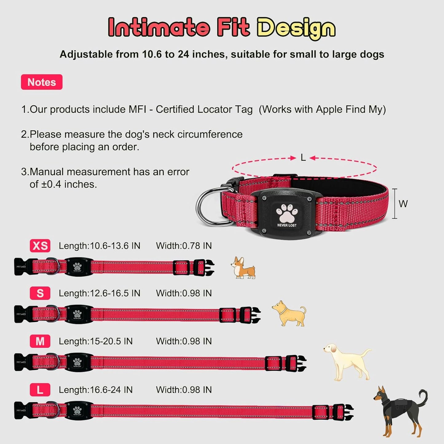 GPS Dog Collar Tracker 2-in-1,Reflective Waterproof Pet Collar,iOS-Only,No Monthly Fees,Unlimited Range,Ideal for Dog Tracking pet Tracker,for Small Dogs(S (12.6"-16.5" Width:0.98"), Red)
