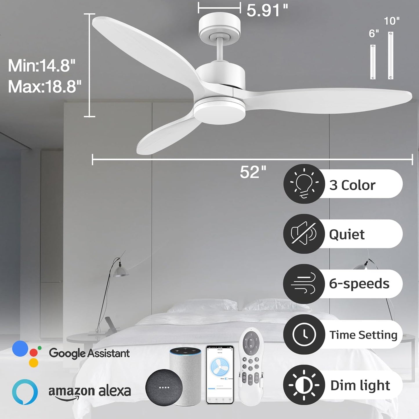 cumilo 52" Smart Wood Ceiling Fans with light and Remote,Dimmable LED Light,Quiet DC Motor,Control with Alexa Google Voice App,Outdoor Indoor Modern Ceiling Fan for Bedroom Patio,White