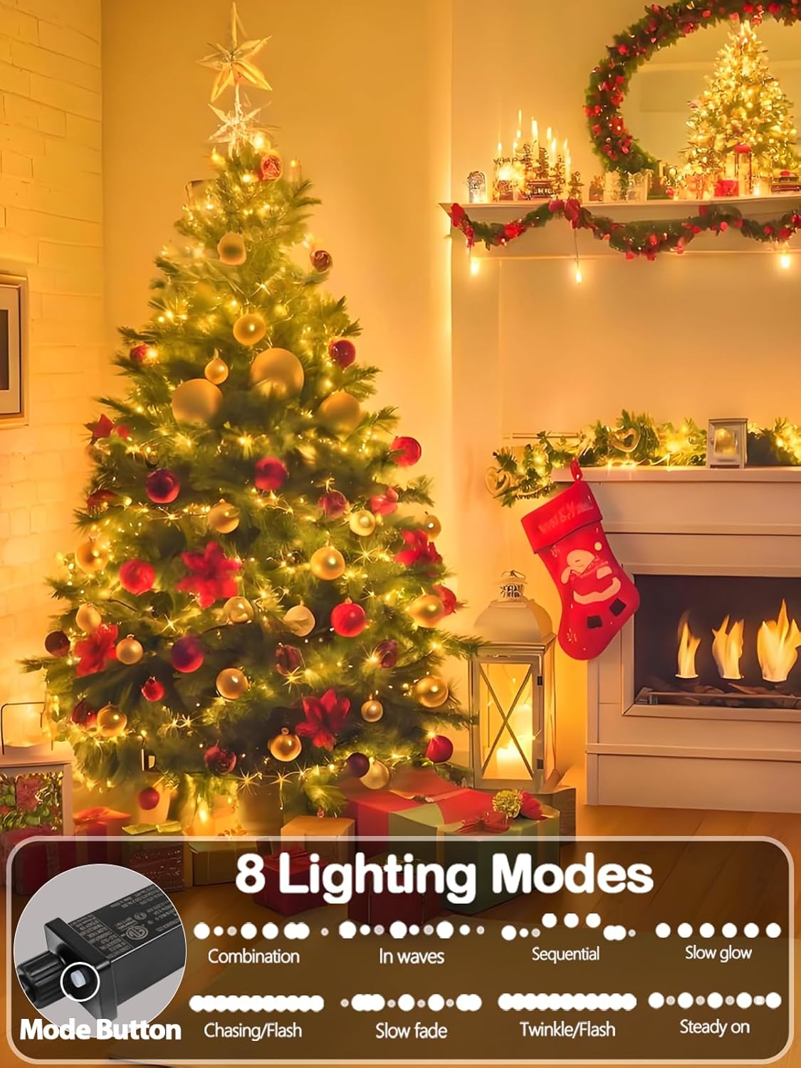 99FT 300 LED Christmas Decoration Lights Outdoor/Indoor, Memory Function & Timer & 8Modes, UL Certified, Green Wire Waterproof String Lights for Christmas Tree Holiday Party Garden Decor (Warm White)
