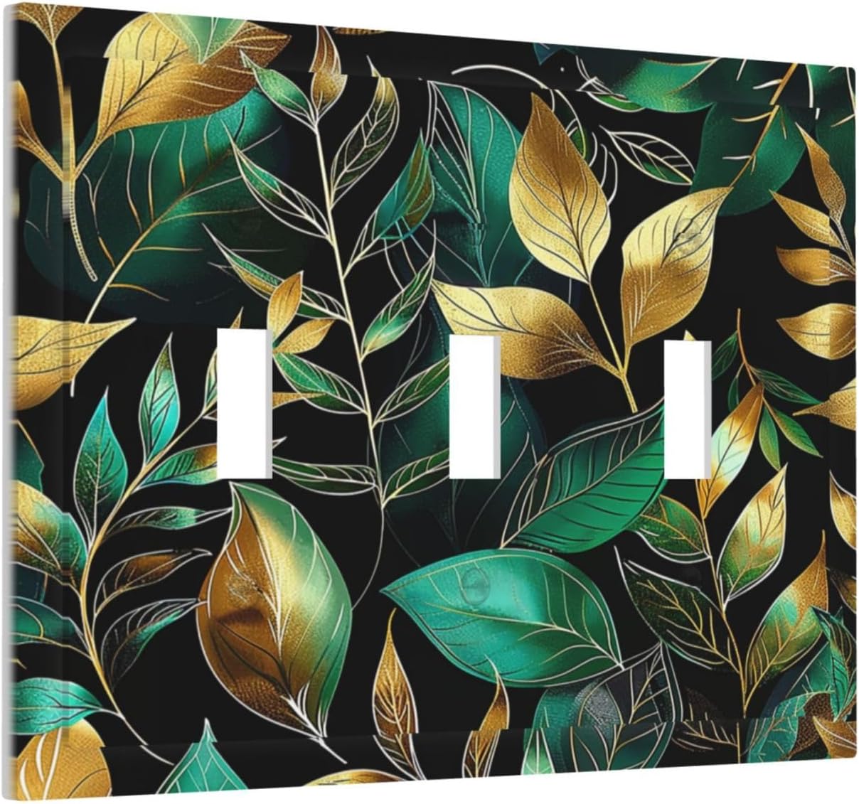 Decorative Switch Plates Vintage Dark Green Vine Leaf Golden Plants 3 Gang Wall Plate Triple Toggle Light Switch Cover Faceplate Electrical Wall Panels for Bed Room Cabin Decor