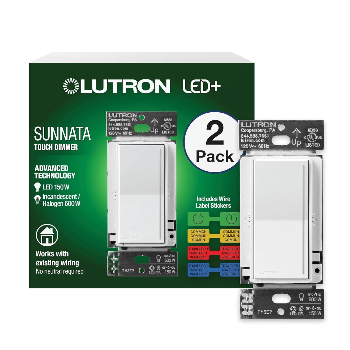 Lutron Sunnata Touch Dimmer Switch, LED+ Advanced Technology for LED and Incandescent, 3 Way/Multi Location, STCL-153MS-WH-2, White, 2 Pack