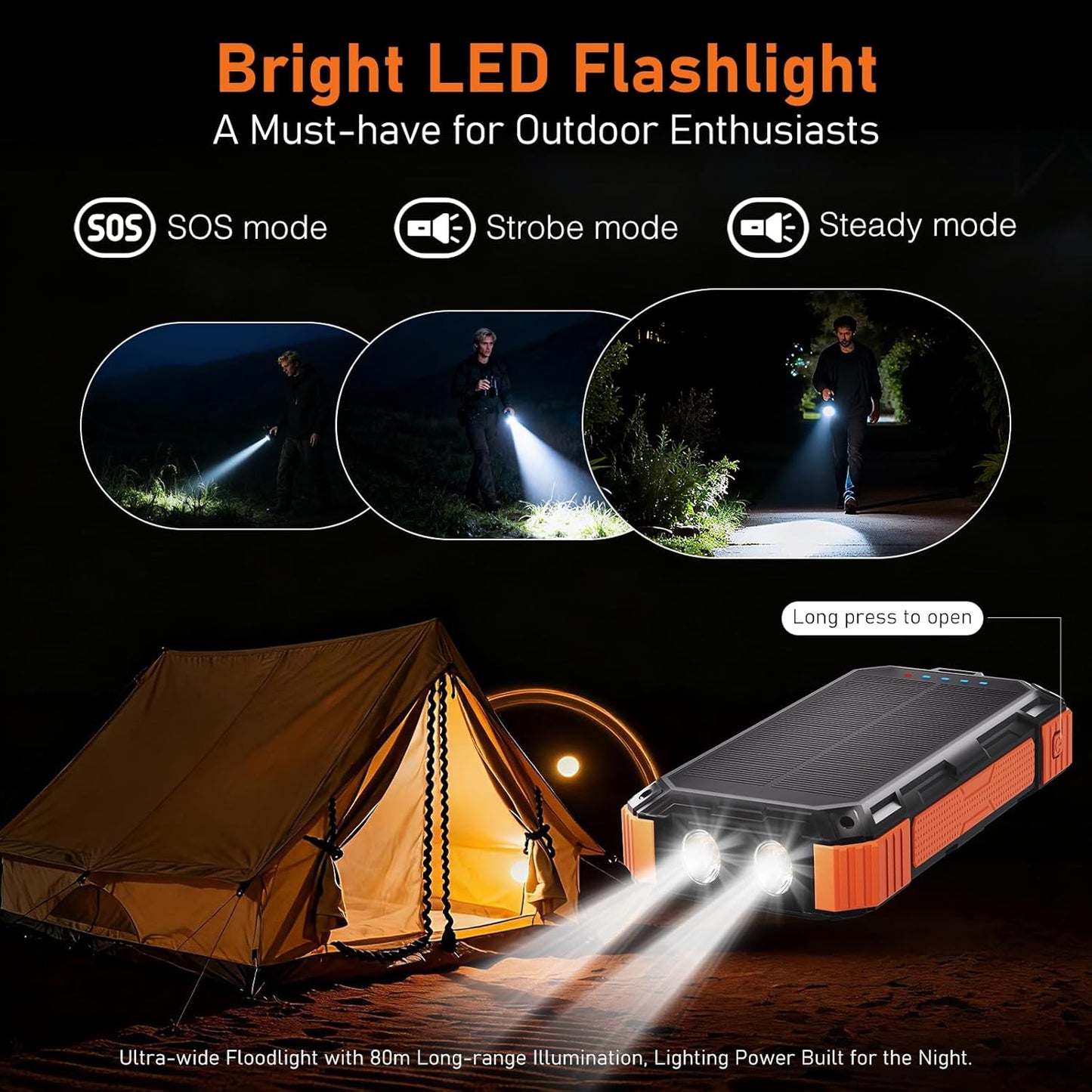 ERRBBIC Solar Charger Power Bank 49800mAh, 22.5W Portable Charger, 15W Wireless Charging, Solar Panel Charger, Built-in Four Cable, with USB C for Cell Phones, with Dual Flashlight for Camping