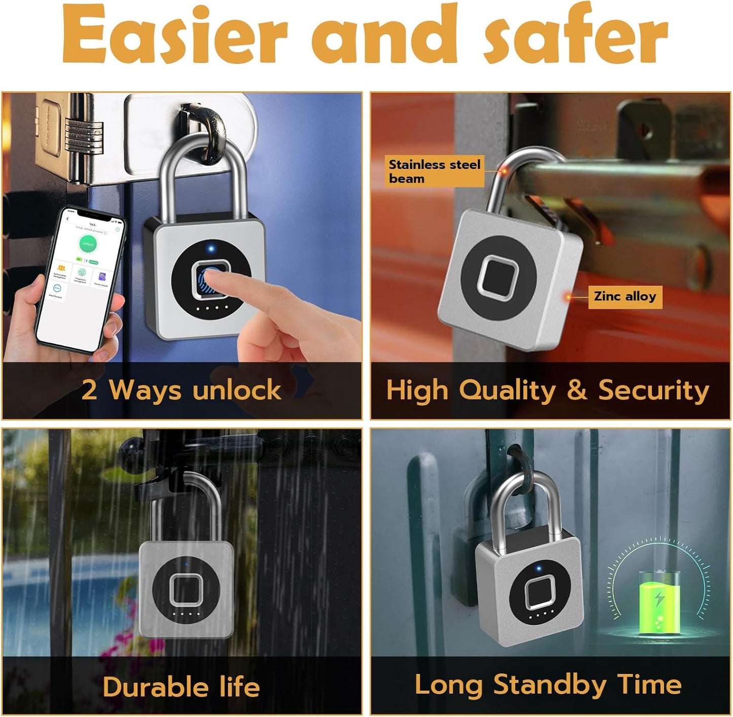 Pothunder Fingerprint Padlock, Fingerprint Lock with APP, Padlock with Steel Cable Keyless Biometric, Waterproof Suitable for Gym, Locker, Helmet, Gate, Fence, Luggage