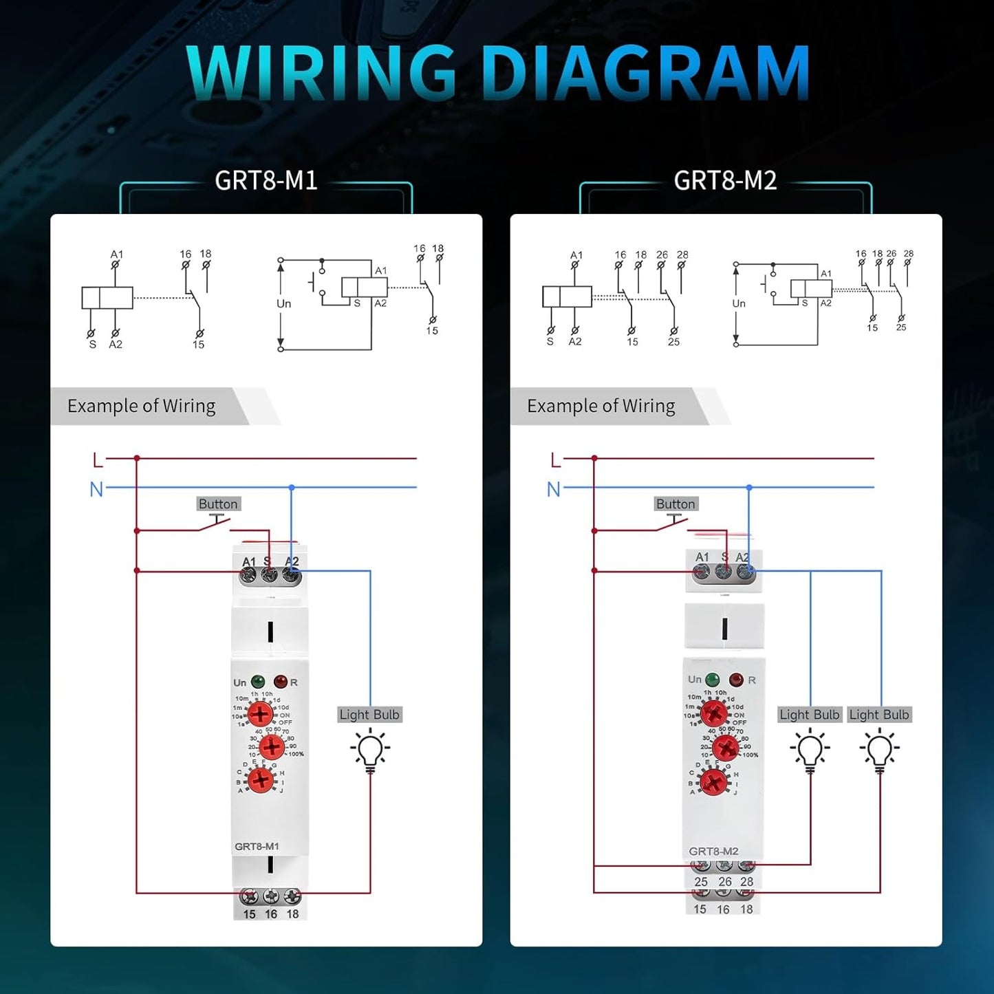 GRT8 M2 Multifunction Time Relay Module 16A 2 Outputs, AC230V Adjustable Delay Timer, 0.1s-10 Days Wide Time Range Delay AC230V Factory Automation Time Relay Universal Voltage DIN Rail
