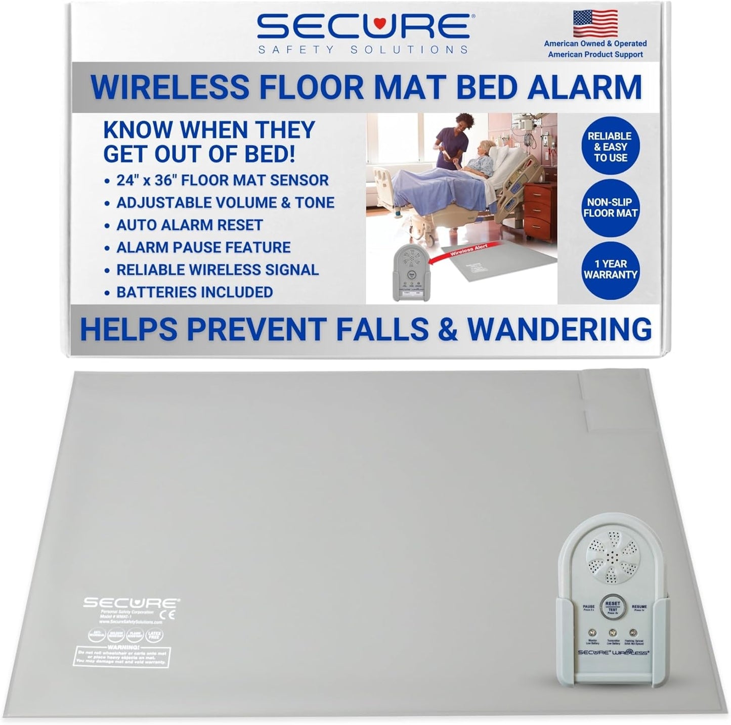 Secure Wireless Floor Mat Sensor Bed Alarm for Elderly Adults - 24"x36" Floor Sensor & Remote Alert Monitor - Bed Alarms and Fall Prevention for Elderly Dementia Patients, Caregiver Alert Seniors