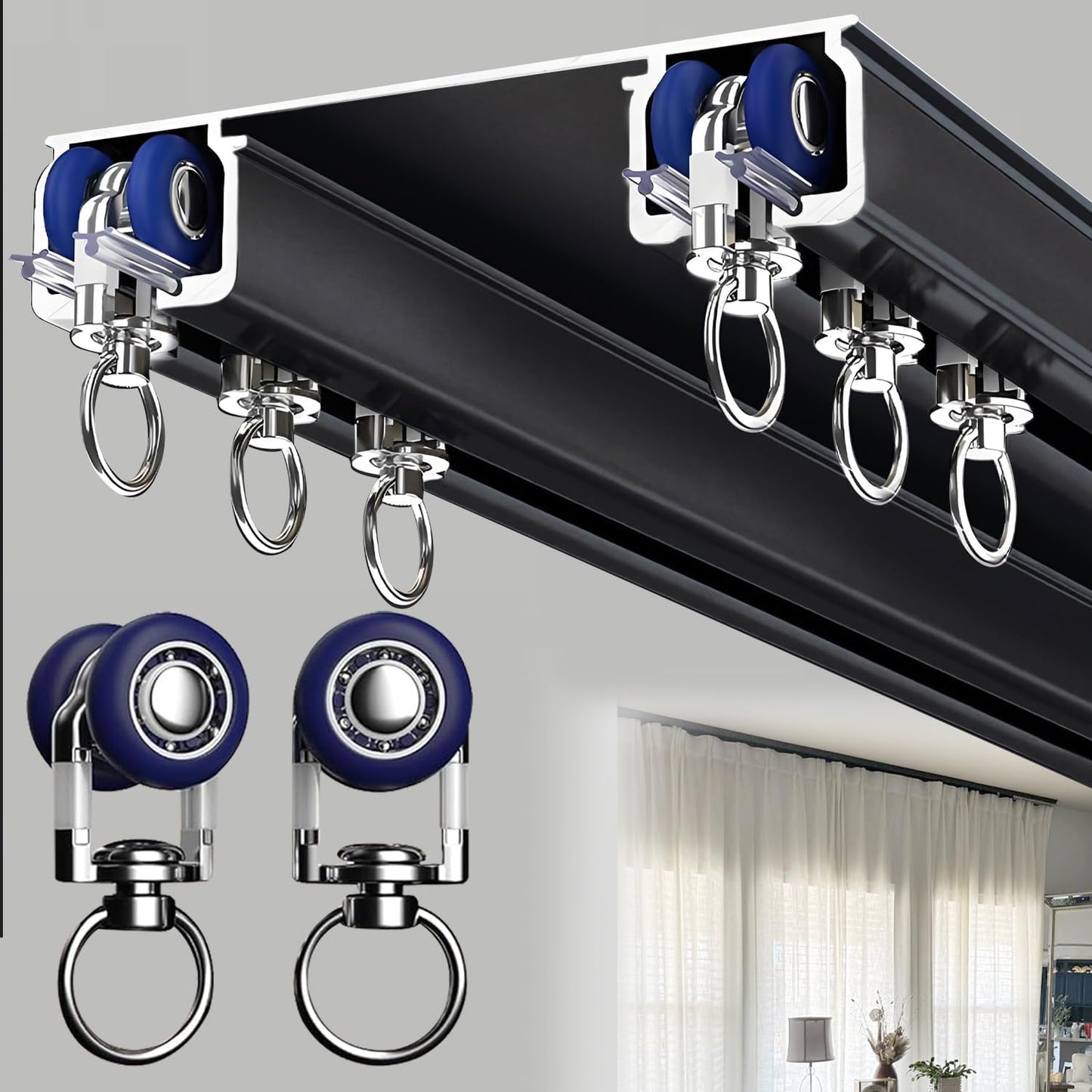 Double Curtain Track Ceiling Mounted, Heavy Duty Aluminum Sliding Rails for Curtains, Silent Double Curtain Track System for Drapes Room Dividers Living Room Bedroom (Black,5.5m(18ft))