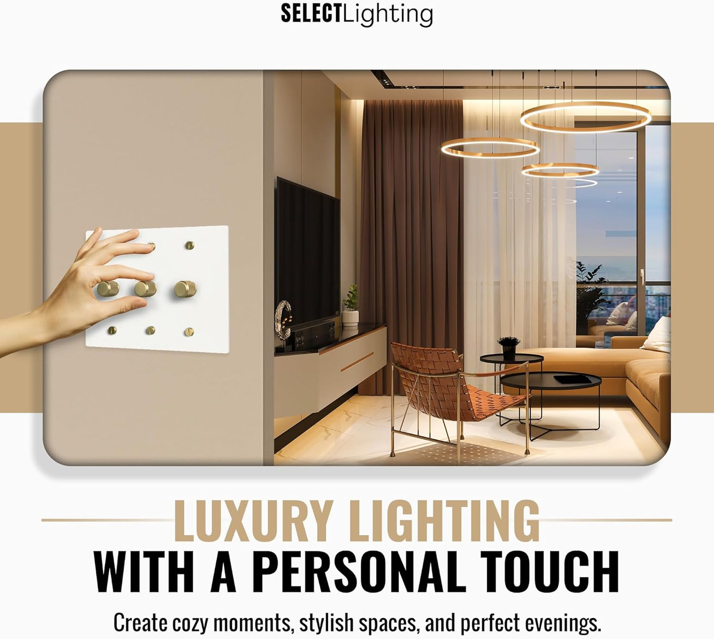 Select White Brass Dimmer Light Switch, 1 Way Rotary Dimmer, 3 Gang TRIAC/Leading Edge Dimmable LED Light Switch, 15A 120V AC with Brass Knob, Faceplate & Dimming Module, UL Listed