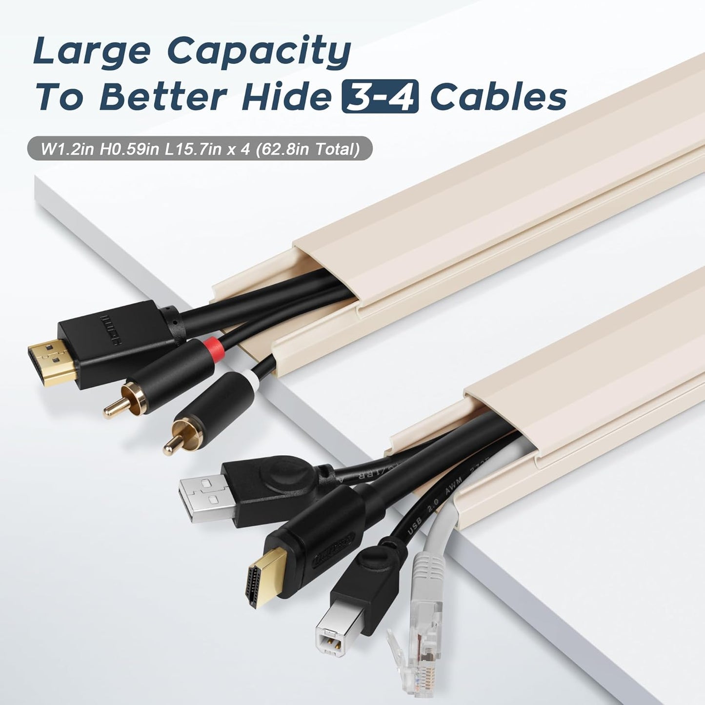 TV Cable Hider - 62.8in PVC Cord Hider Cable Management Wall, Paintable Cable Concealer for Wall Mounted TV, Cable Raceway Beige Wire Hider, Wall Wire Covers for Cords, 4* L15.7in *W1.2in *H0.59in