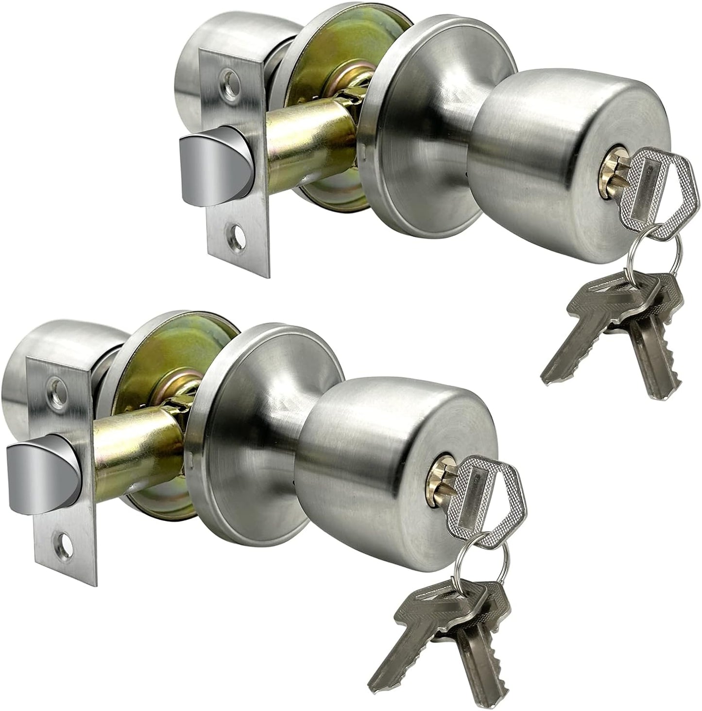 JO.KO Door Knob with Lock and Key, Round Ball Lock Interior/Exterior Door Knob for Bedroom Or Bathroom/Entry Door Handle (Stainless 2Pack)