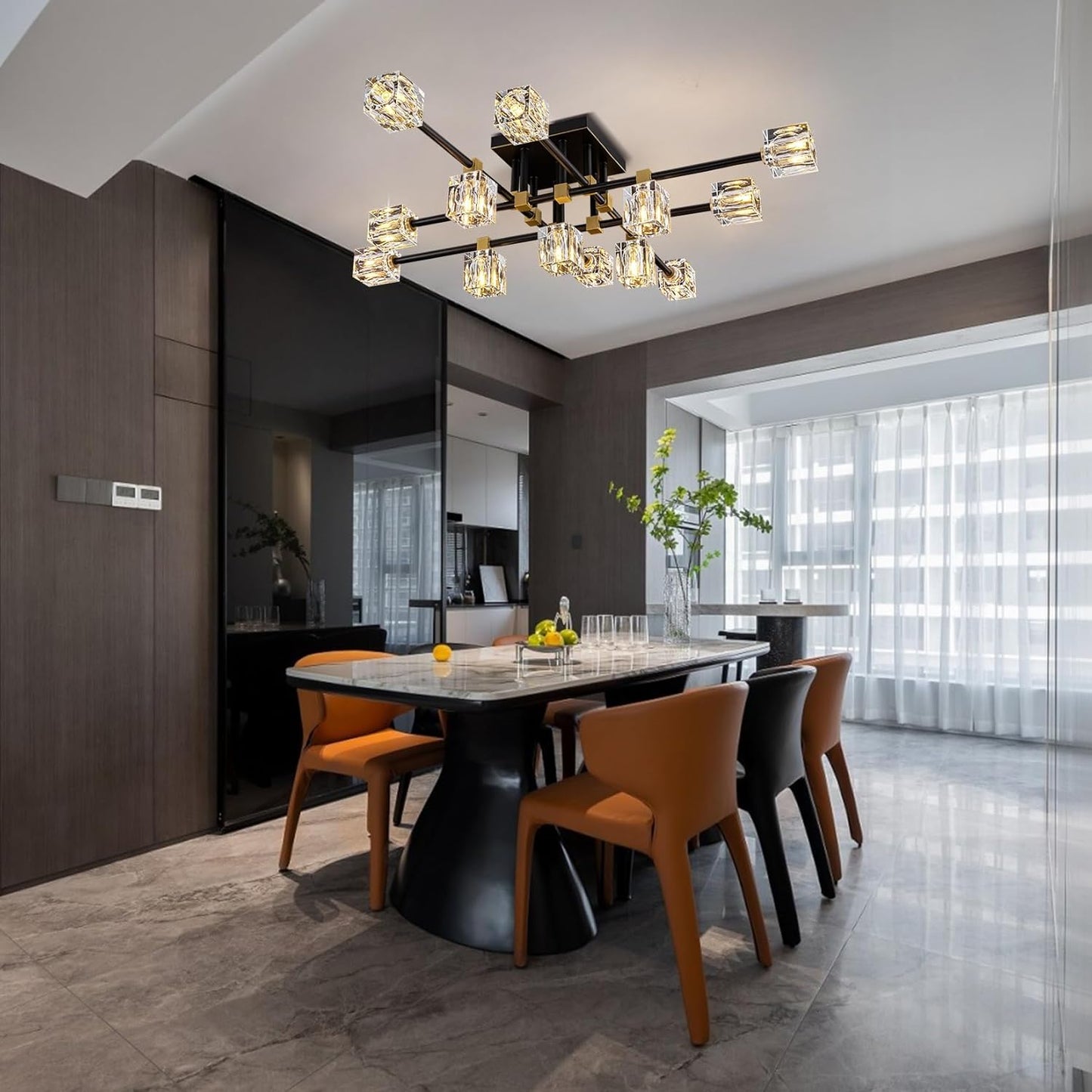 Crystal Ceiling Light Fixture with 13-Lights,Black and Gold Semi Flush Mount Ceiling Light,Modern Chandelier for Kitchen Island,Living Room,Bedroom,Dining Room