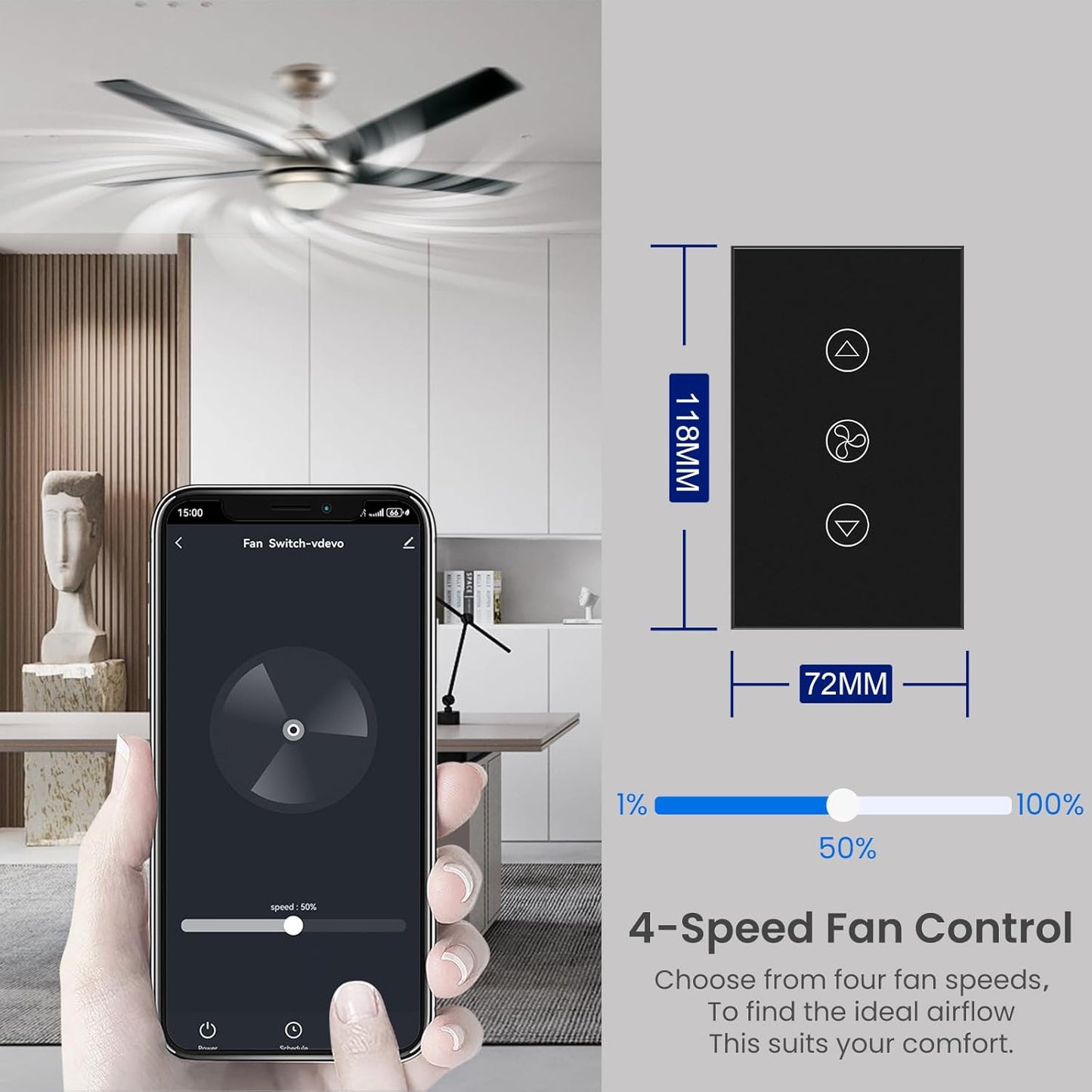 Smart Fan Switch Neutral Wire Required, 2.4GHz WiFi Dimmer Light Switch with Remote Voice Control, Tempered Glass Panel, Compatible with Alexa and Google Home, Black WiFi Fan
