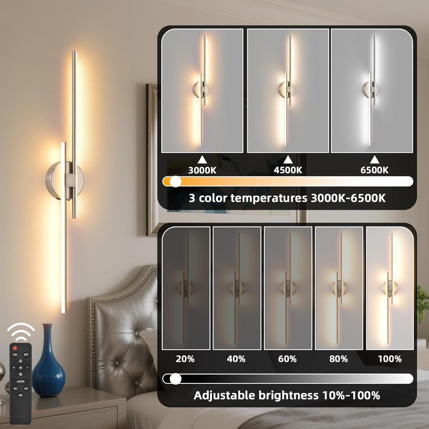 Battery Operated Wall Sconce set of 2, USB Rechargeable Wireless Sconces with Remote Control, LED Dimming Wall Lamp 3 Color/Timer/Memory, 31.4 Inch Brushed Nickel Wall Lights for Bedroom Living Room