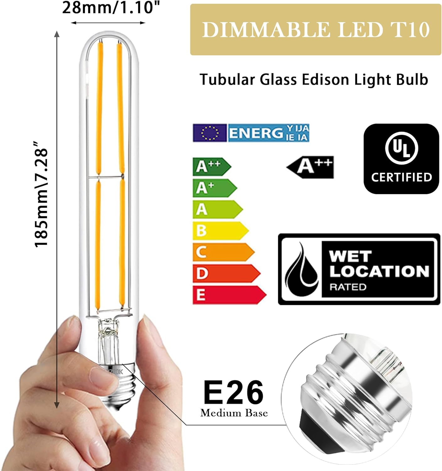7.3 Inch E26 Led Bulb 6W Dimmable, 2700k Soft White Edison Bulbs 800LM, Equal 80 Watt Tubular T10 T9 Long Clear Glass Light Bulb for Rustic Pendant Pipe Wall Sconces Chandeliers - 4Pack