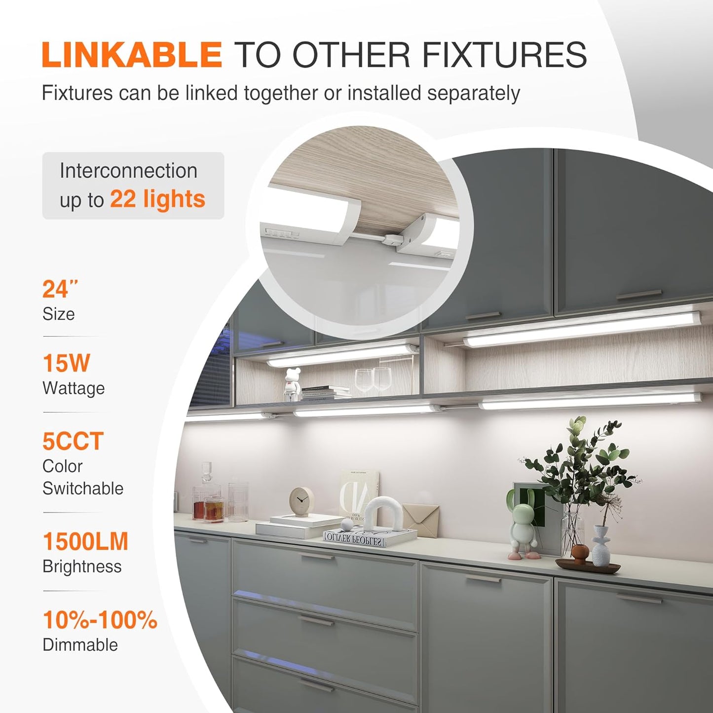 24inch Linkable Under Cabinet Lighting Hardwired Plug-in, Wired led Under Cabinet Lights with 5 CCT (2700/3000/3500/4000/5000) & Dimmable, Under Counter Lights for Kitchen, 15W, 1500LM, 2 Pack