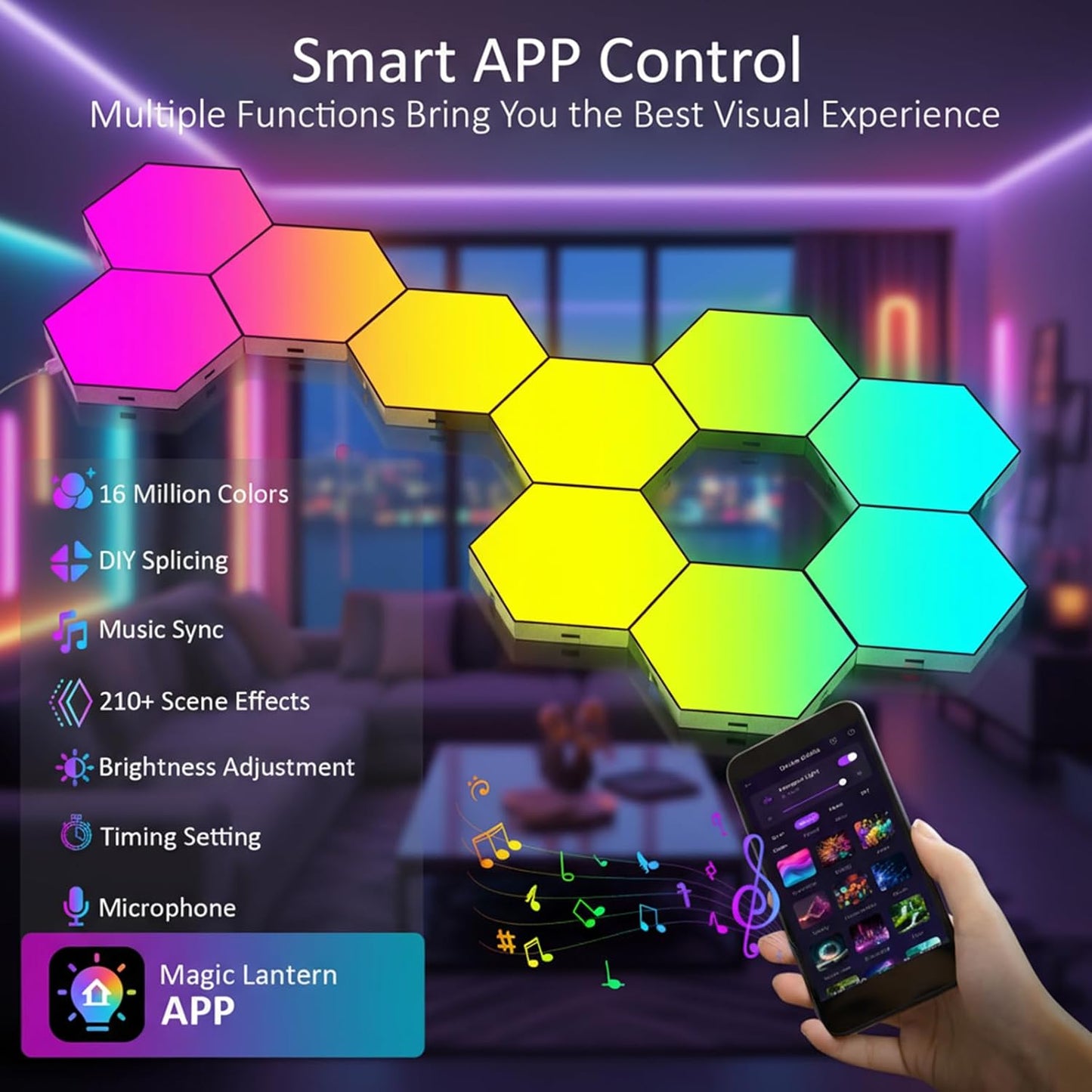 Hexagon LED Light Panels 8 Pack – Smart RGB Wall Lights with APP & Remote Control – Music Sync Modular Gaming Lights for Bedroom, Living Room, Wall Decor
