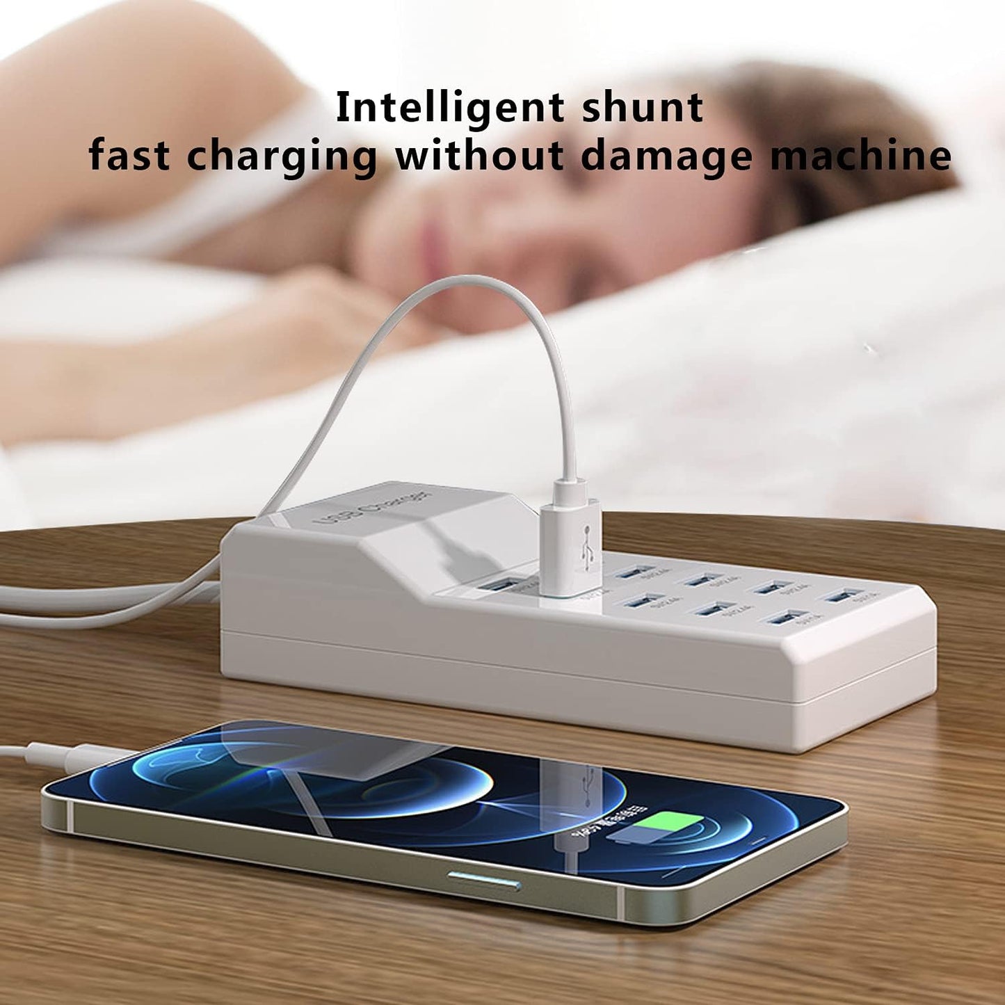 50W 10-Port USB Charging Station for iPhone 15/15 Pro/15 Pro Max/15 Plus/14/13/12/11/Xs Max/XR/X/SE White