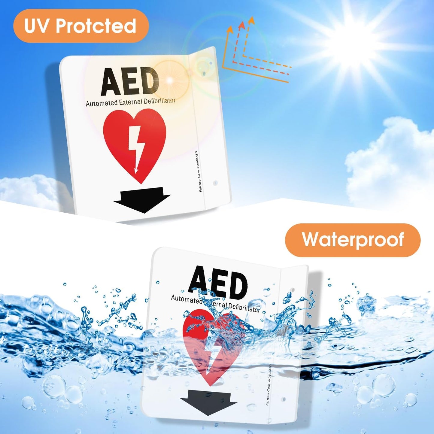 Faittoo AED Sign, AED Automated External Defibrillator with Down Arrow Sign, 6x6 Inches 90D Projection - Acrylic, 2 Pre-Drilled Holes, Includes Matching Screws, Use for Home Office/Business, 2 Pack
