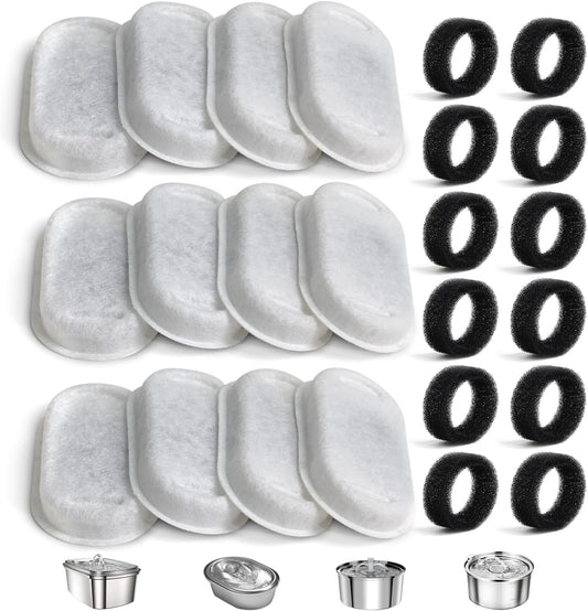 Cat Water Fountain Filter Compatible with Stainless Steel Dispenser, Efficient Filtration with Coconut Shell Activated Carbon and Fresh Water (12 Filters+12 Sponges)