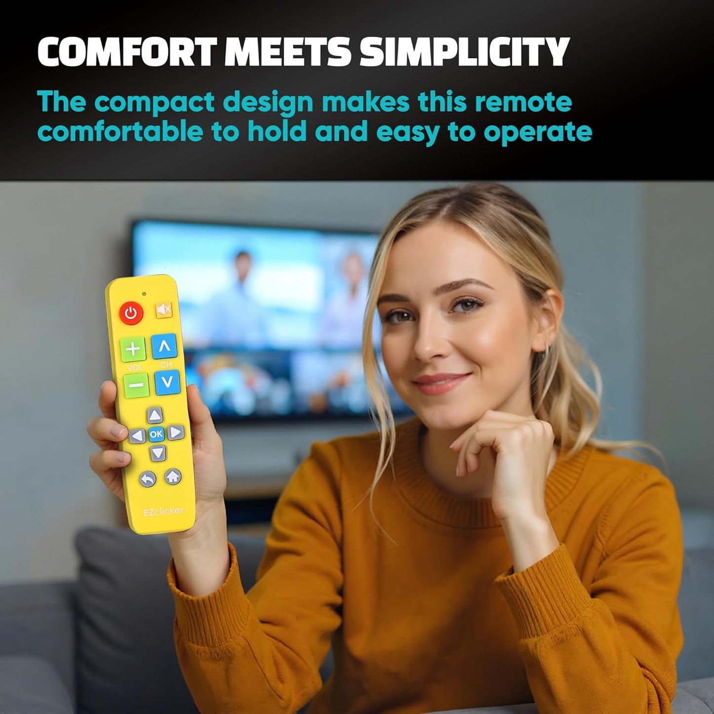 Plus Big Button Universal TV Remote (Yellow) Simple Easy to Use, Works with Major TV Brands (2xAAA Batteries Not Included)