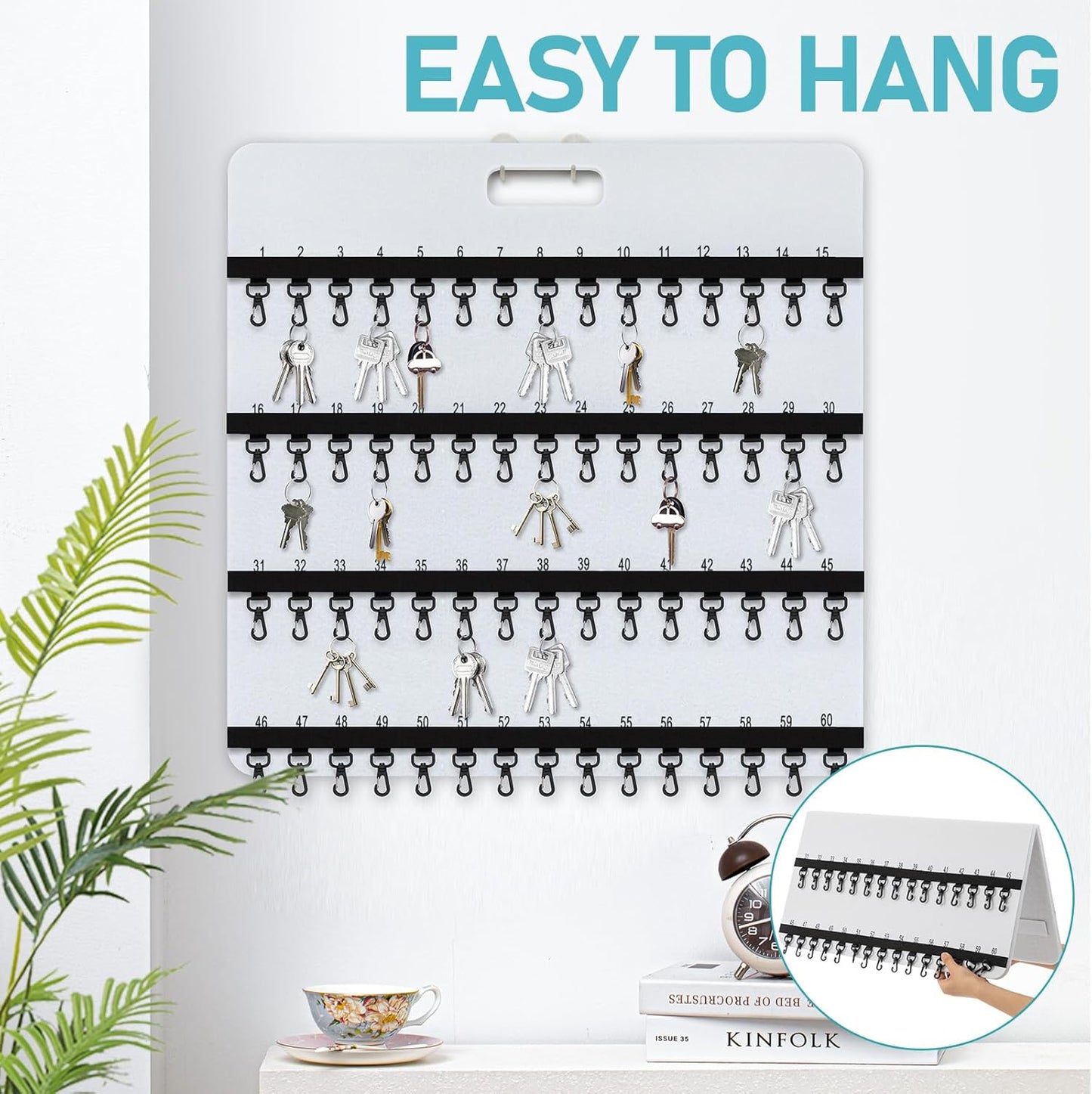 24'' x 24'' Key Rack Wall Mount with 38 Numbered Self Closing Hooks Felt Key Holder Board Storage for Car Dealer Property Manager Valet Parking Residential Small Businesses