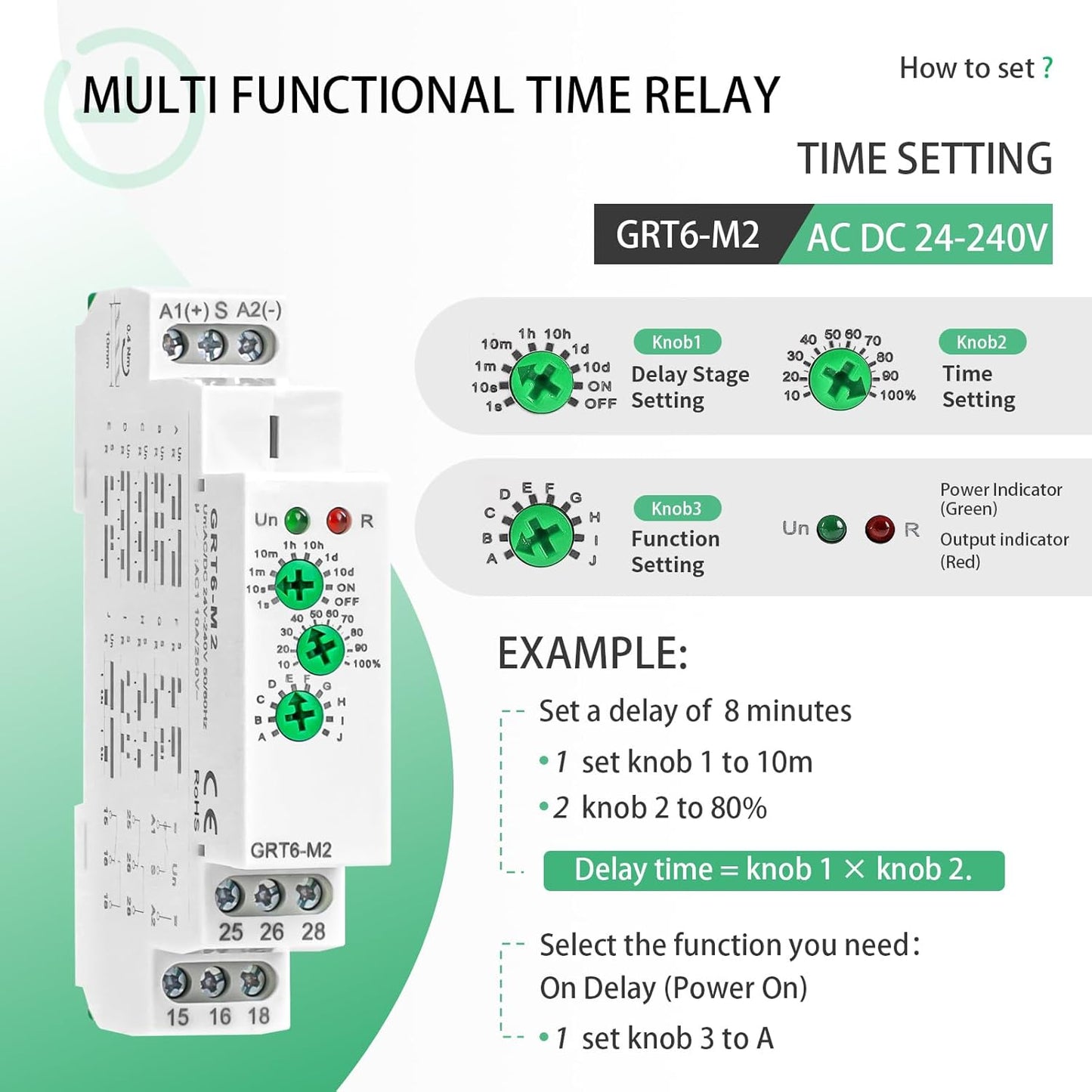 Multifunction Time Relay 2 Outputs 10A Adjustable Smart Relay 24V Electronic Timer in Din Rail,0.1s-10 Days Wide Range Delay On Off Factory Automation Universal Voltage GRT6 M2 AC DC 240V