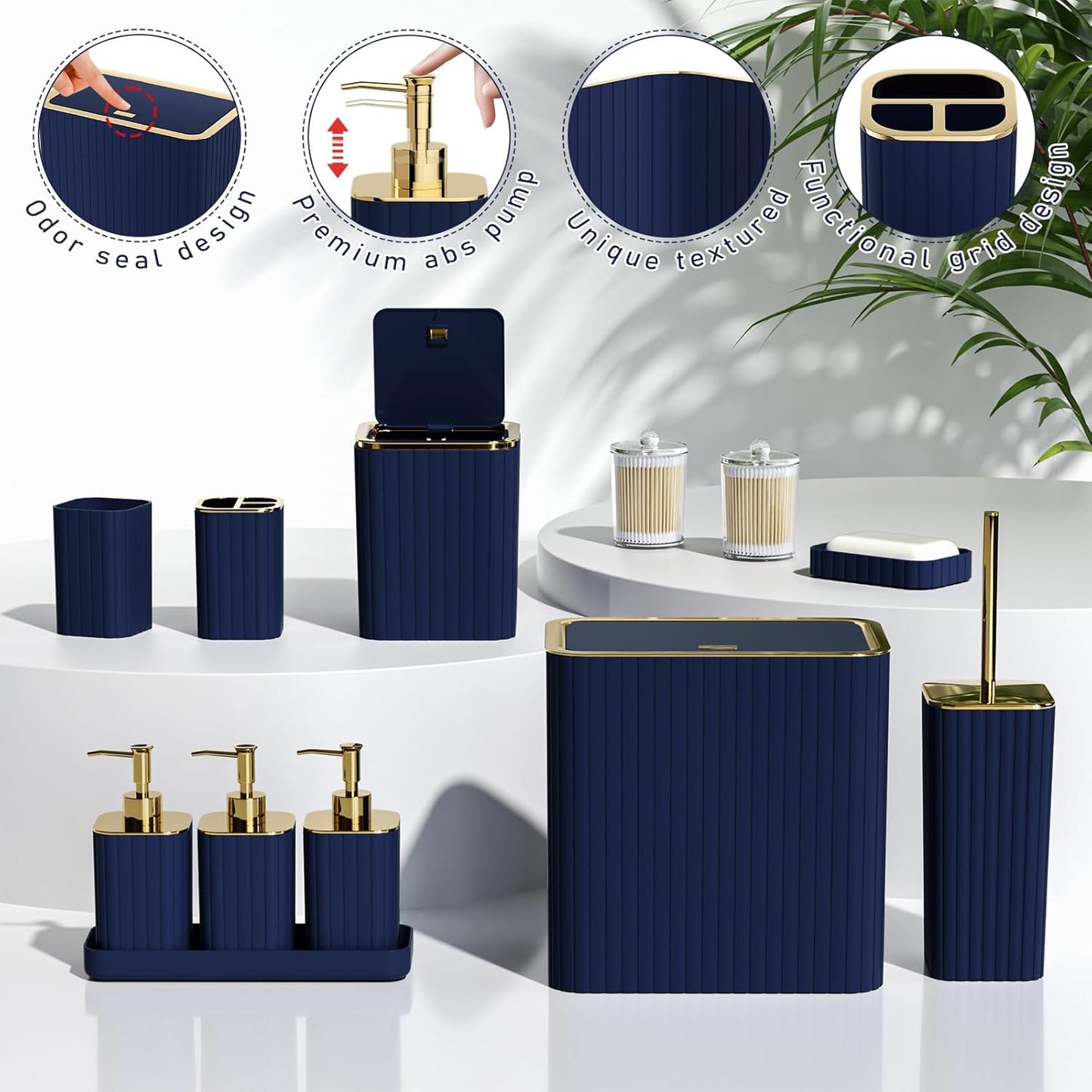 Bathroom Accessory Set - Bathroom Set, 27PC Bathroom Accessories Set, Navy Blue Bathroom Sets with Shower Curtain and Rugs, Mini Trash Can, Toilet Brush, Trash Can & Soap Dispenser