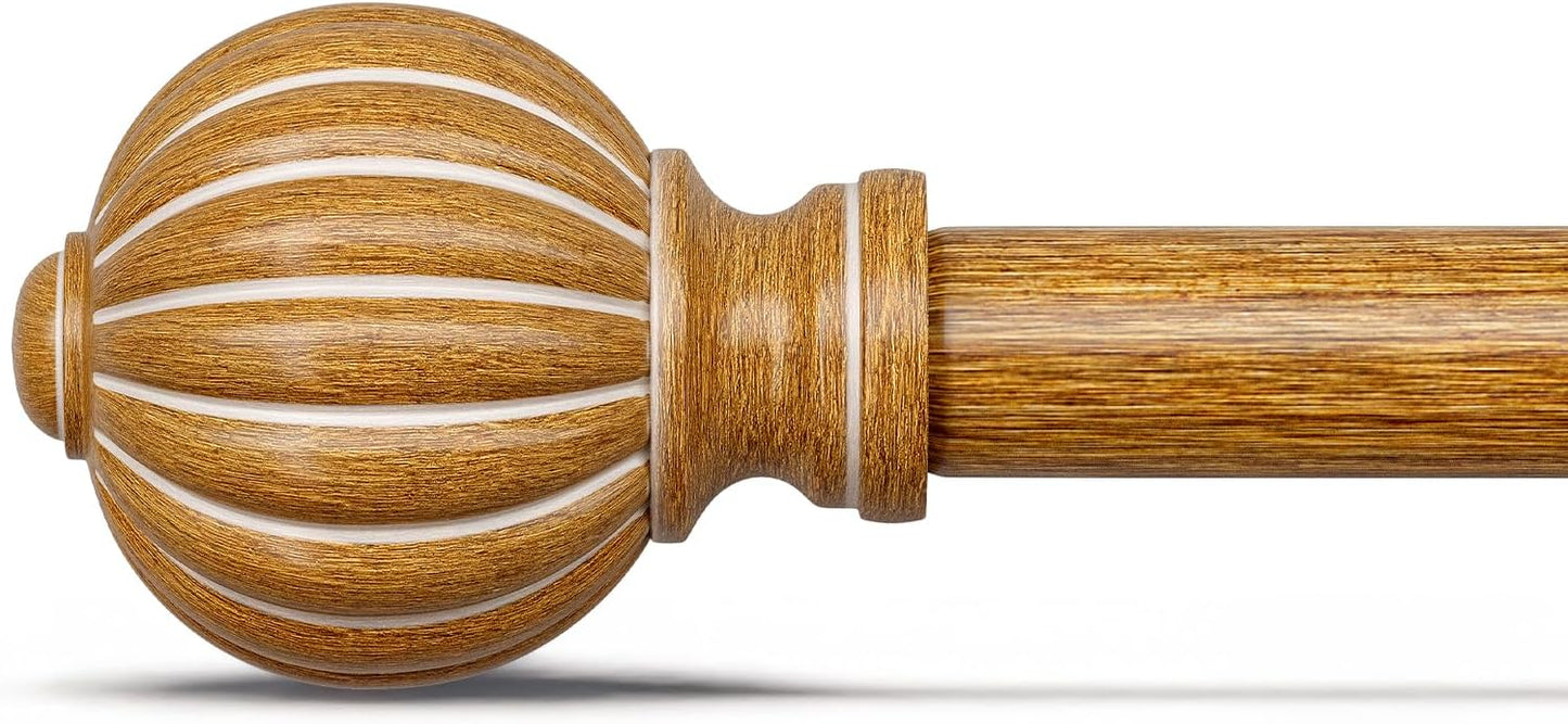 Wood Curtain Rods for Windows 48 to 84 Inch, 1'' Adjustable Heavy Duty Curtain Rod，Vintage Imitation Wood Grain Decorative Drapery Rods with Pumpkin Finials for Bedroom Living Room