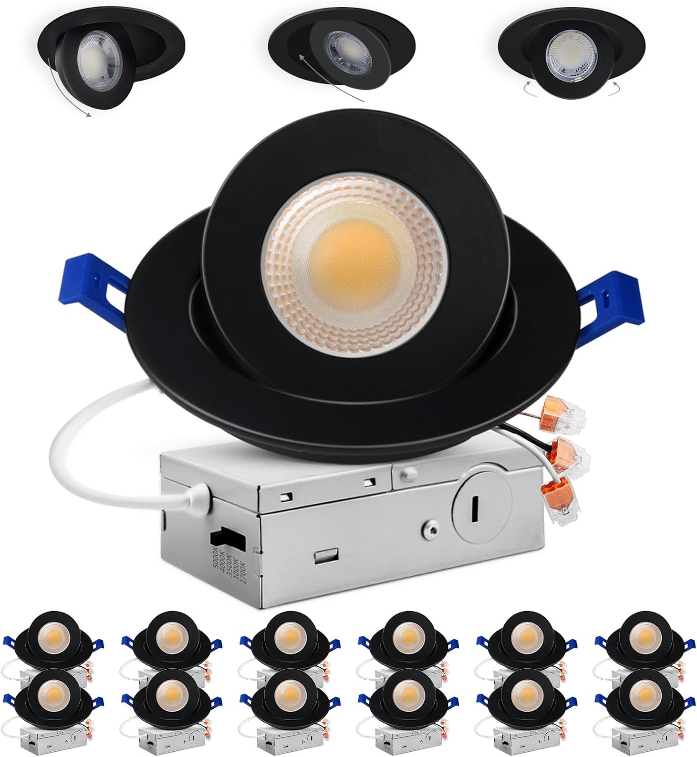 Adetu 4 inch 5CCT Gimbal Black Led Recessed Lights, 360°+90° Adjustable Directional Recessed Lighting, 2700K-5000K Dimmable Retrofit Eyeball Can Lights with Jbox, ETL&Energy Star (Black,12 Pack)
