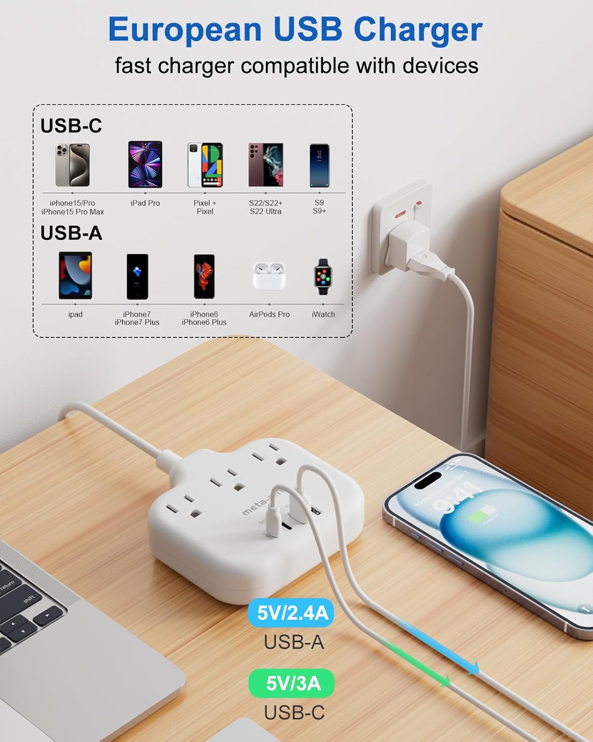 European Travel Plug Adapter, US to European Plug Adapter with 3 American Outlets & 4 USB, 3ft European Power Cord, International Travel Power Strip, Type C for Europe EU Germany France, Travel, White
