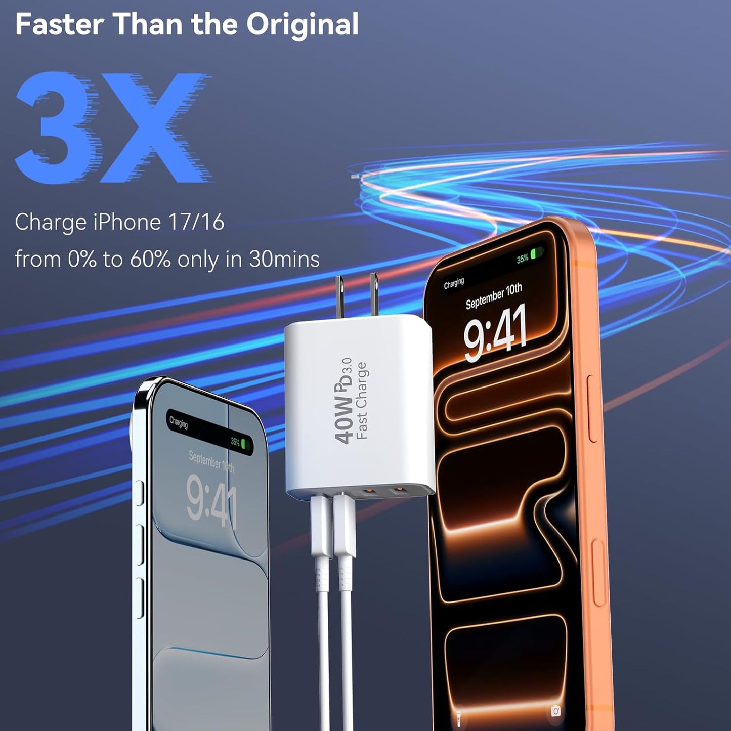 USB C Wall Fast Charger Block, 40W 4-Port Type C Chargers Fast Charging Blocks PD Power Charger Adapter+QC 3.0 USB Multiport Charger Brick for Phone 17/16/15/14/13/12 Pro Max, i-Pad, Galaxy S25-2Pack