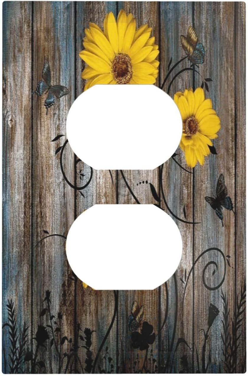 Rustic Barn Sunflower Wooden Daisy Flower Plank Outlet Covers 1 Gang Duplex Light Switch Cover Decorative Switch Plates Electrical Receptacle Faceplate Wall Plate for Farmhouse Home Decor