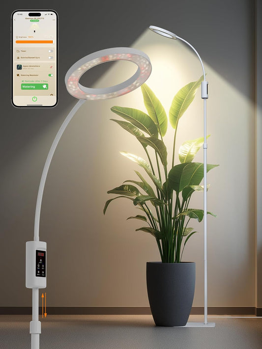 Smart Grow Lights for Indoor Plants,24W Plant Light with Auto-Timer,Full Spectrum LED Grow Light, Adjustable Height & Stepless Dimming,Plant Assistant Suitable for Most Plants (White, 24W)