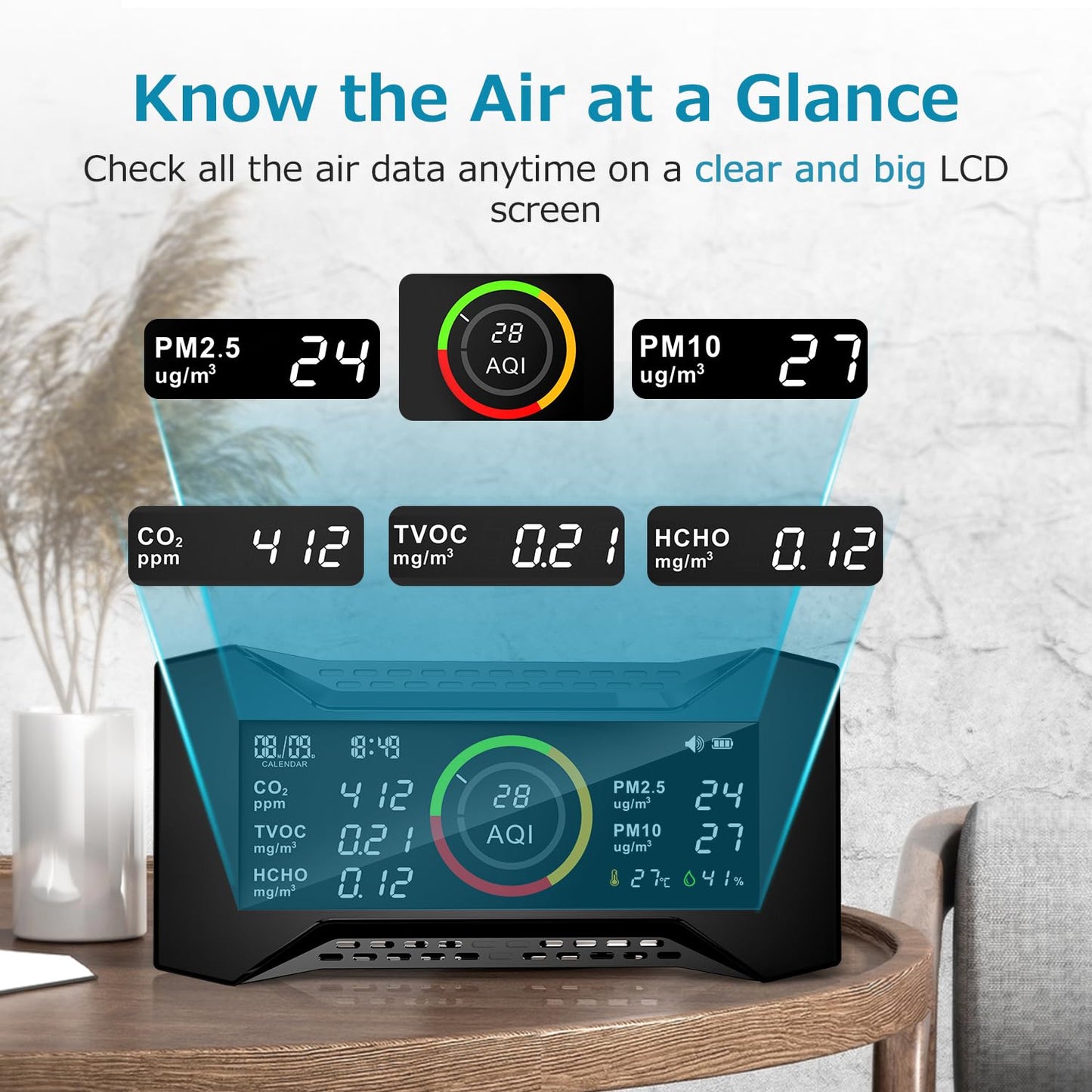 Air Quality Monitor Indoor, Simbow CF-20 8-in-1 CO2 Monitor Air Quality Tester for (PM2.5, PM10, CO2, VOC, Formaldehyde, Humidity, Temp) Air Quality Meter for Home