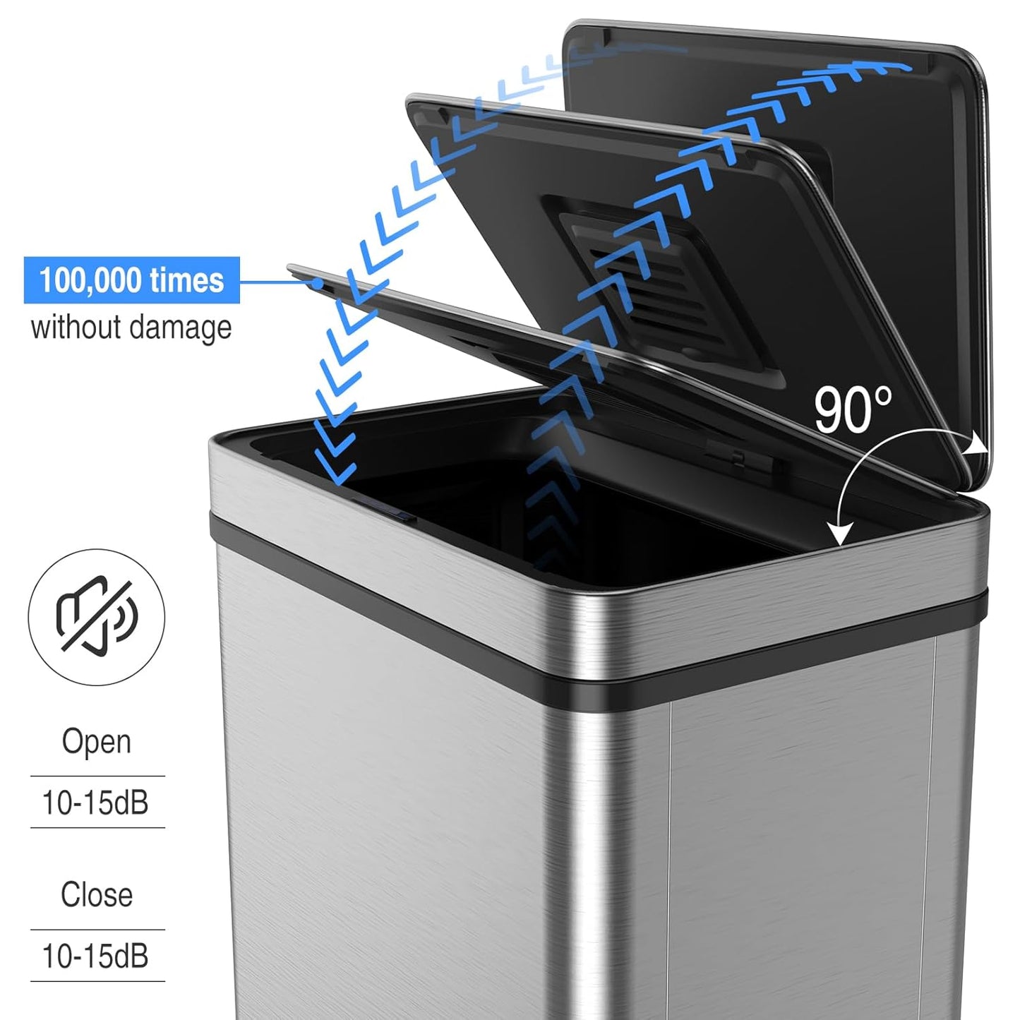 50L / 13 Gallon Smart Automatic Trash Can with Deodorizer Compartment, Stainless Steel Body and Mute Sensor Lid for Kitchen Office Living Room and More, Assemble Large Capacity Garbage Can - Silver